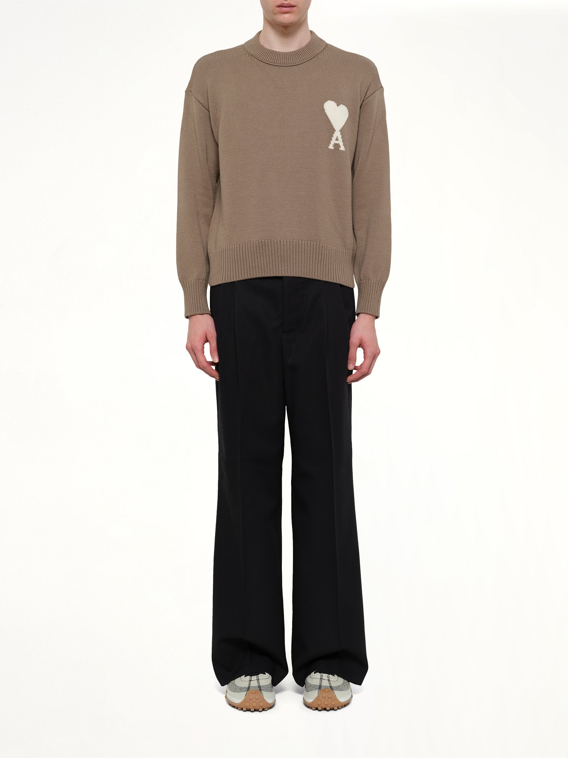 AMI PARIS Contrasted ADC Sweater in Beige Taupe Model View from MARAIS