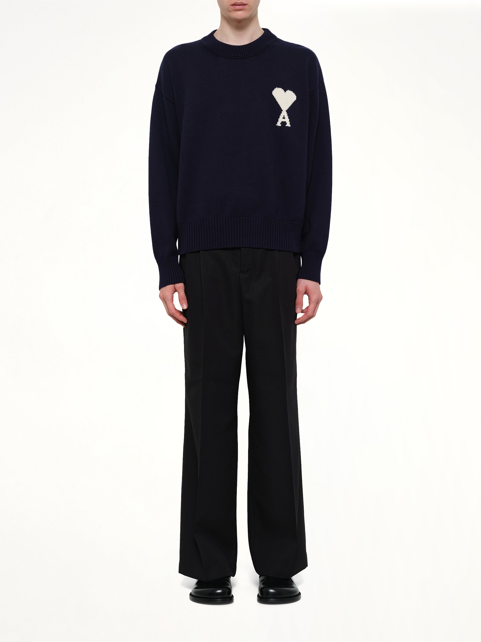 AMI PARIS , Contrasted ADC Sweater in Navy Model View from MARAIS