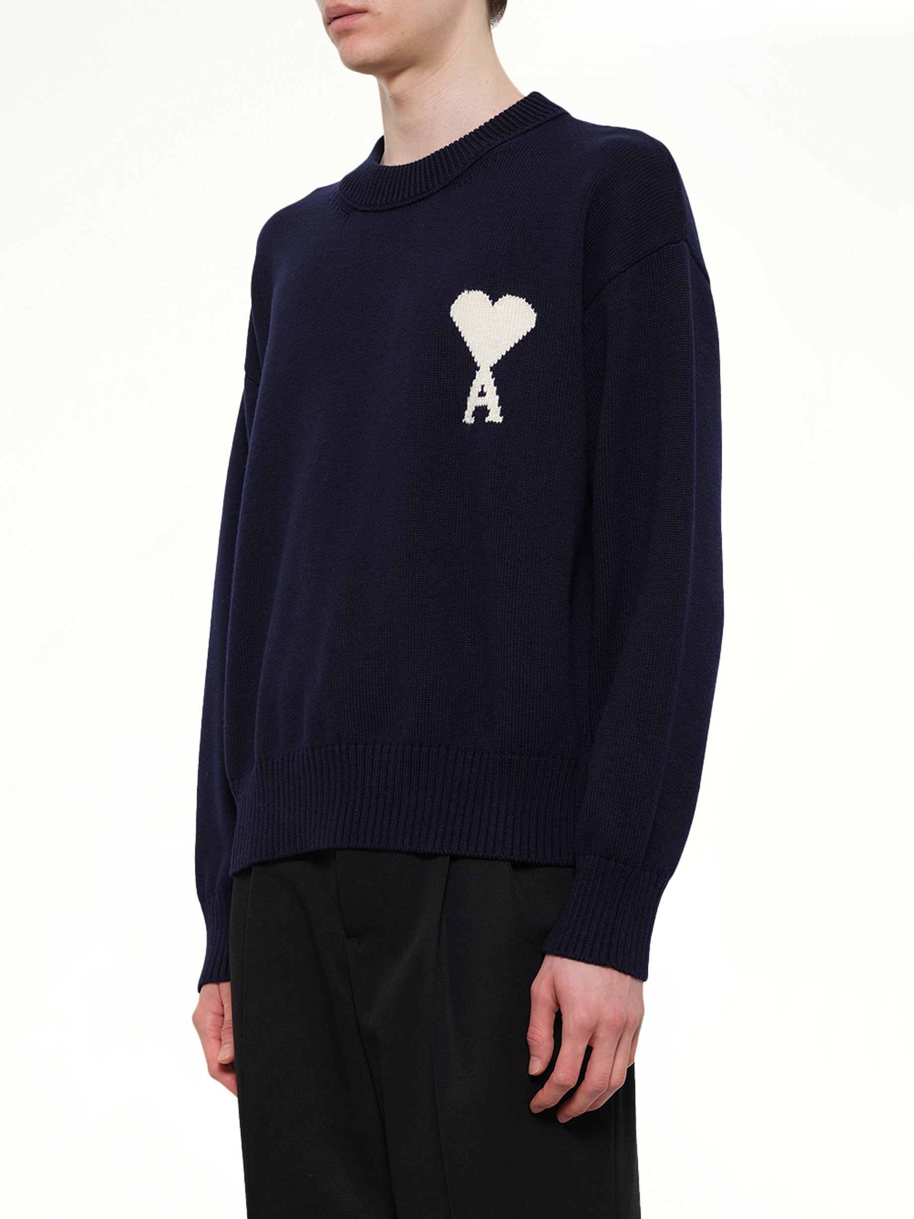 AMI PARIS , Contrasted ADC Sweater in Navy Side View from MARAIS
