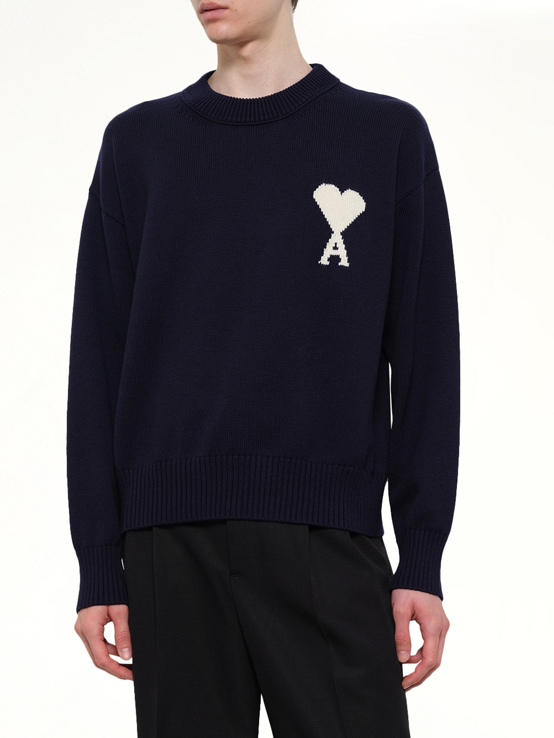 AMI PARIS , Contrasted ADC Sweater in Navy Detail Shot from MARAIS