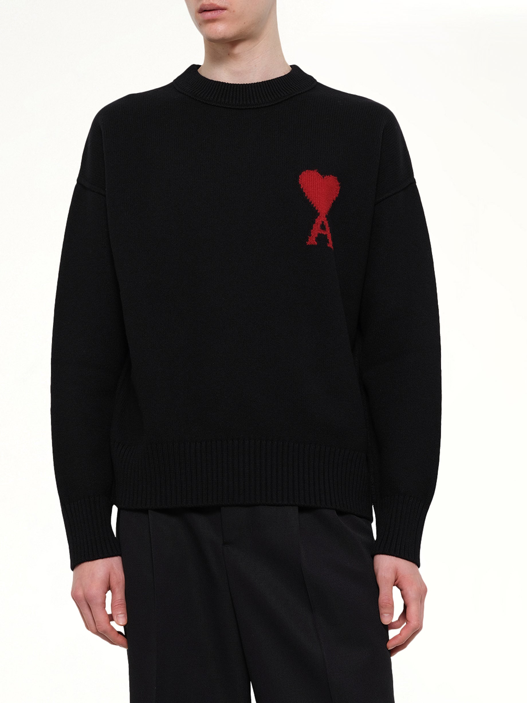 AMI PARIS Red Ami De Coeur Sweater in Black Detail Shot from MARAIS