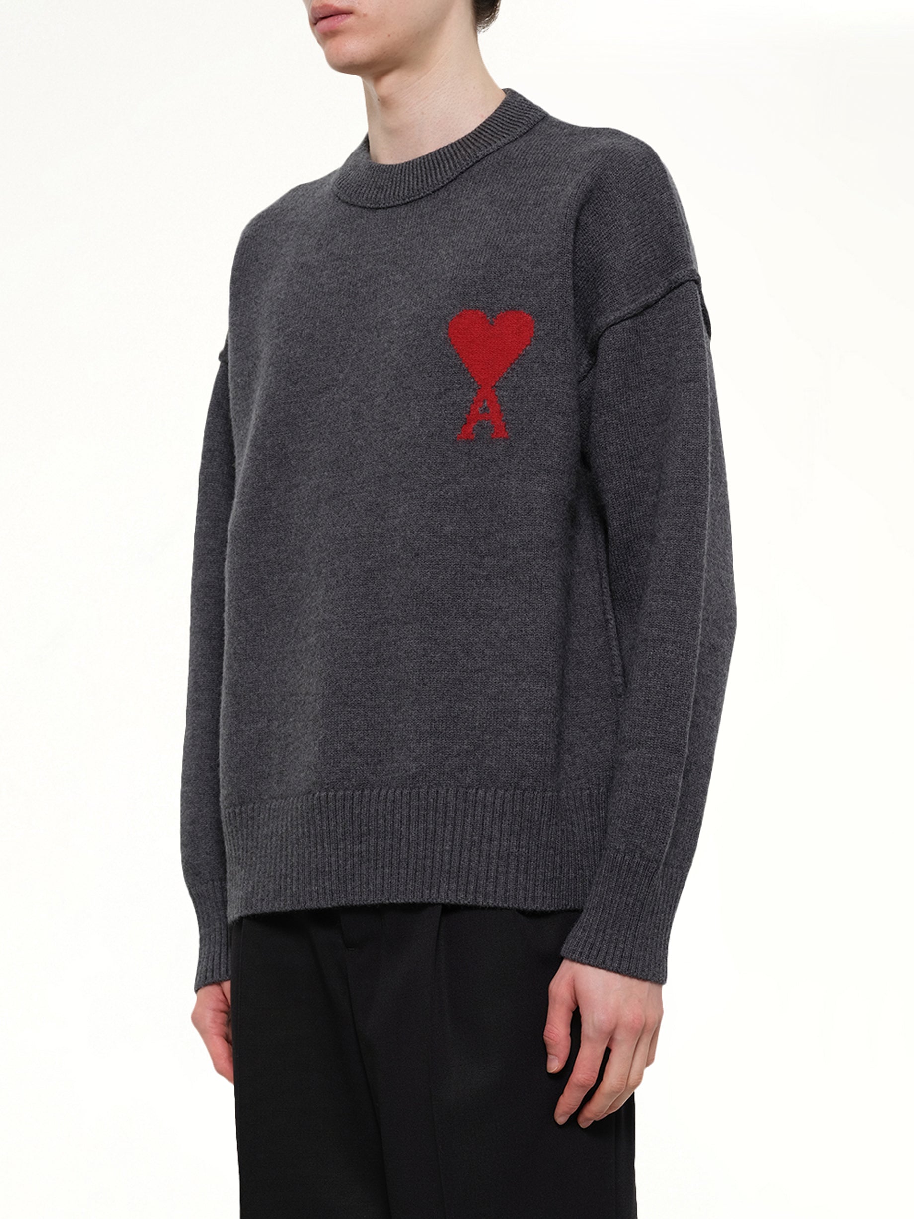 AMI PARIS Red Ami De Coeur Sweater in Grey Side View from MARAIS