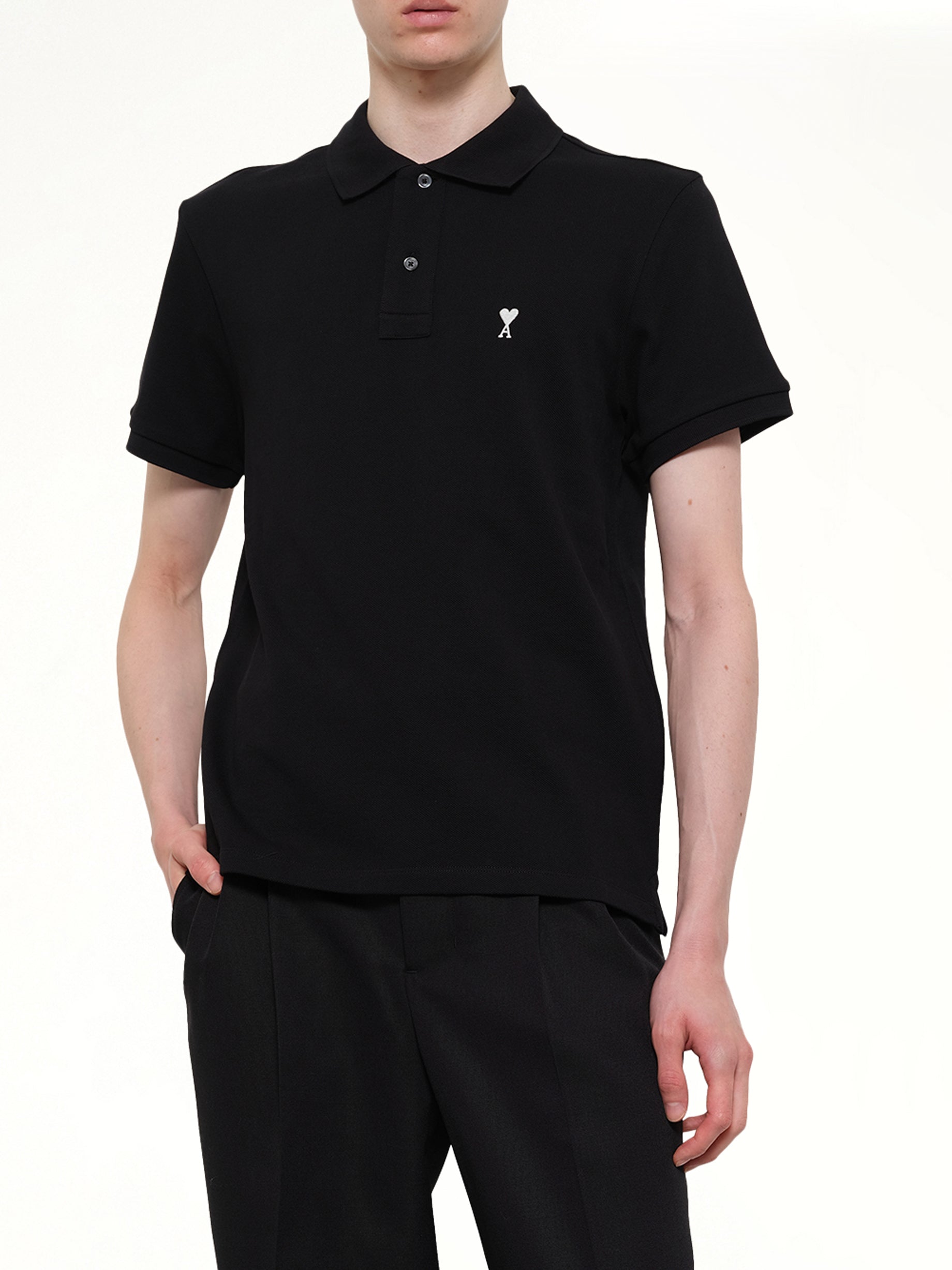 AMI PARIS Contrasted ADC Polo in Black Detail Shot from MARAIS