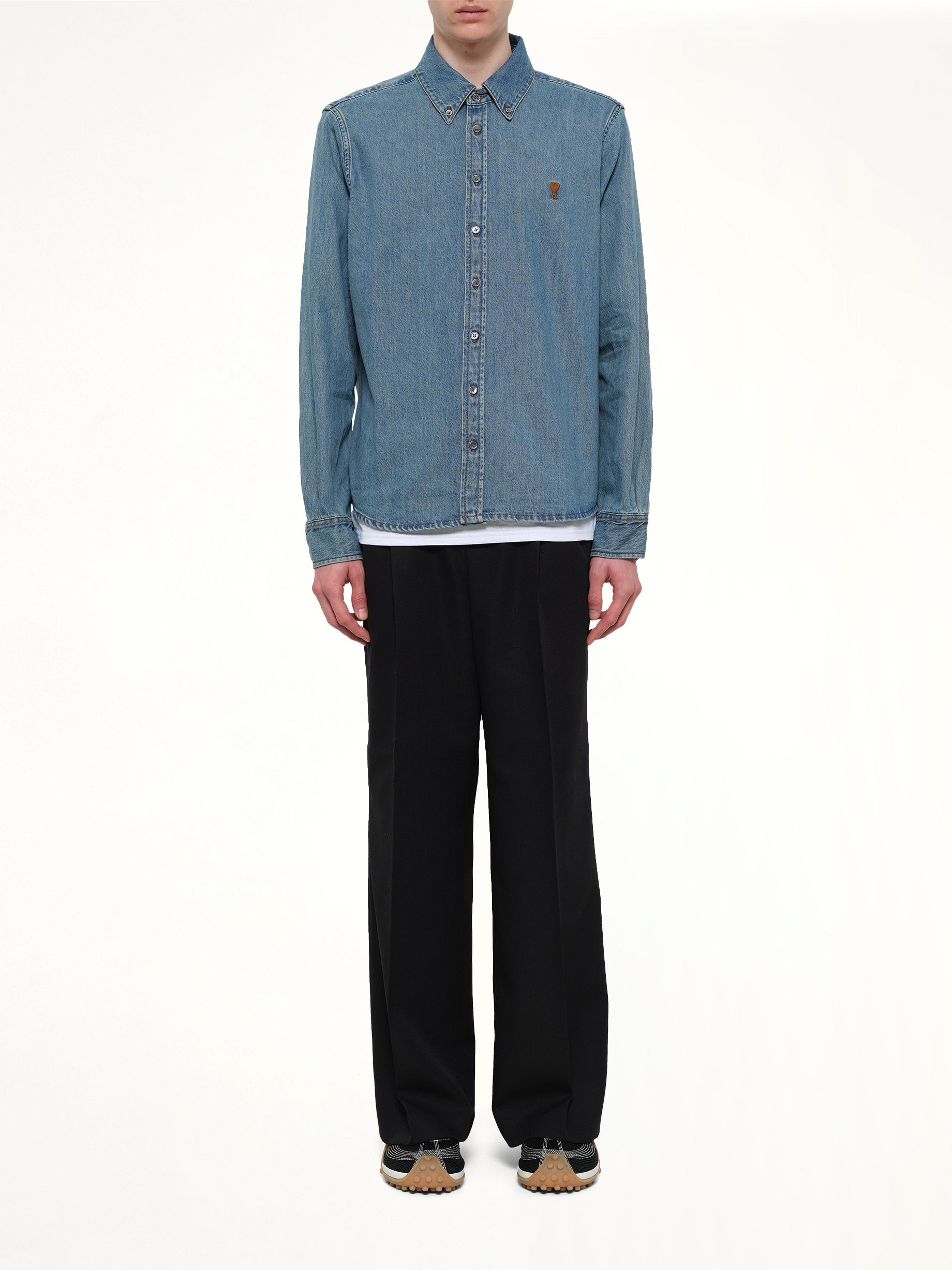 AMI PARIS Contrasted Ami De Coeur Shirt in Blue Model View from MARAIS