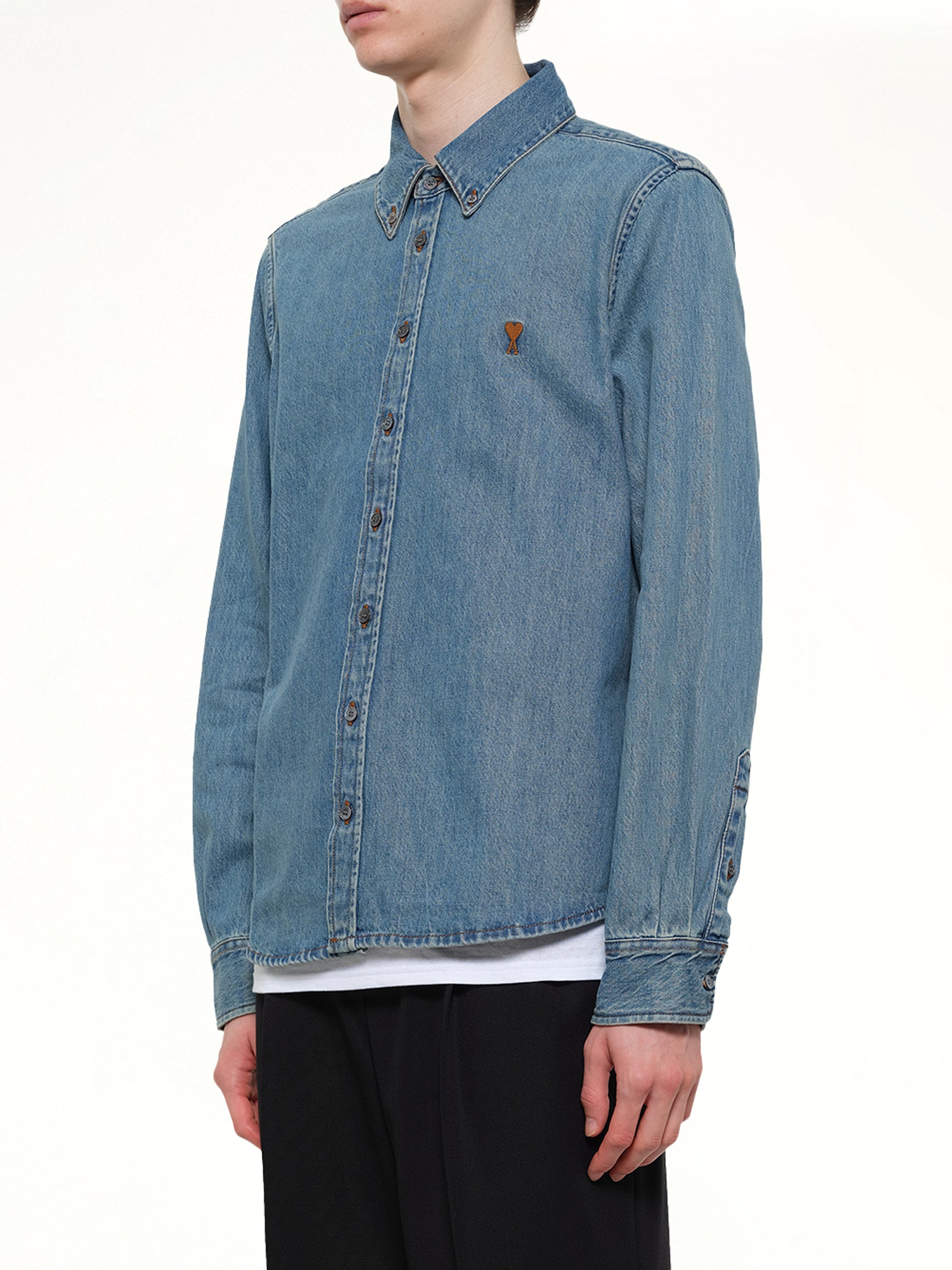 AMI PARIS Contrasted Ami De Coeur Shirt in Blue Side View from MARAIS