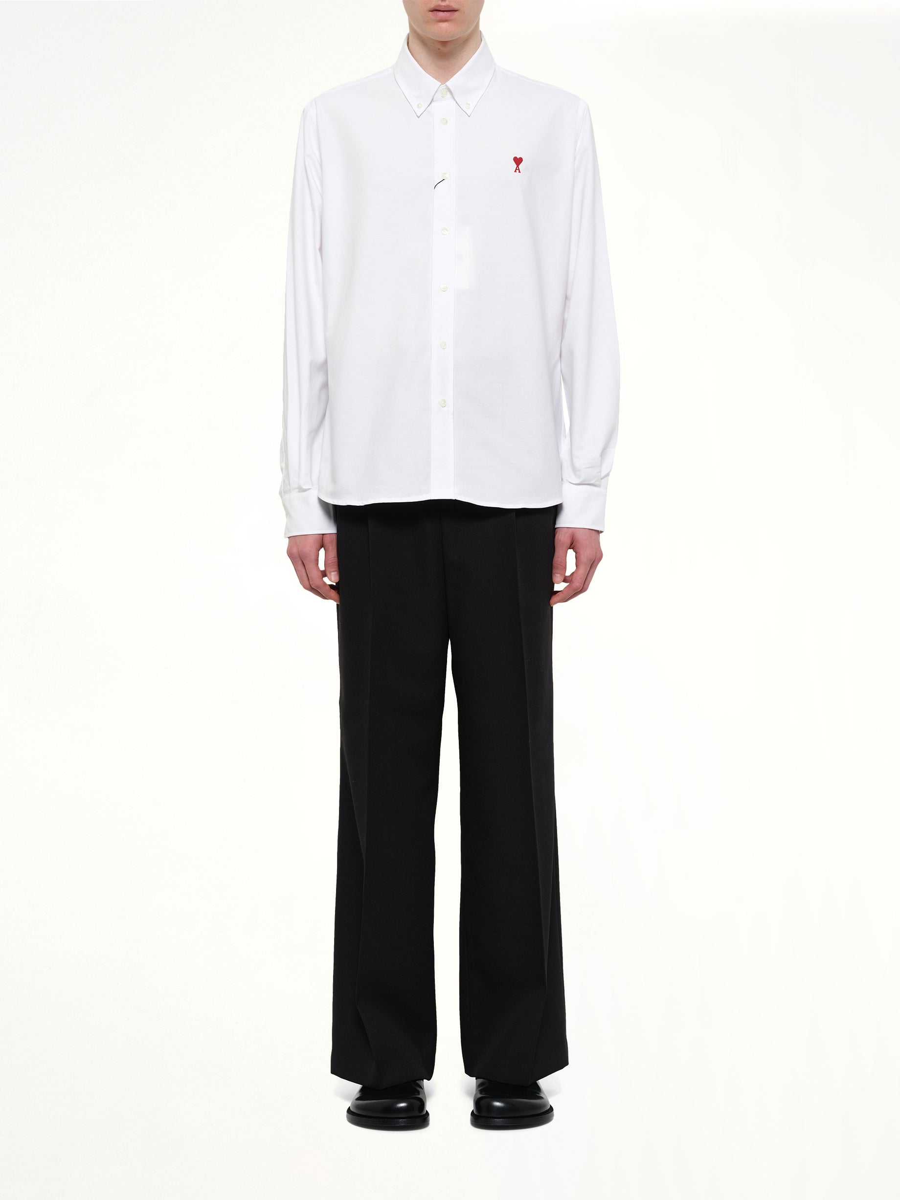 AMI PARIS Embroidered ADC Long Sleeve Shirt in White Model View from MARAIS