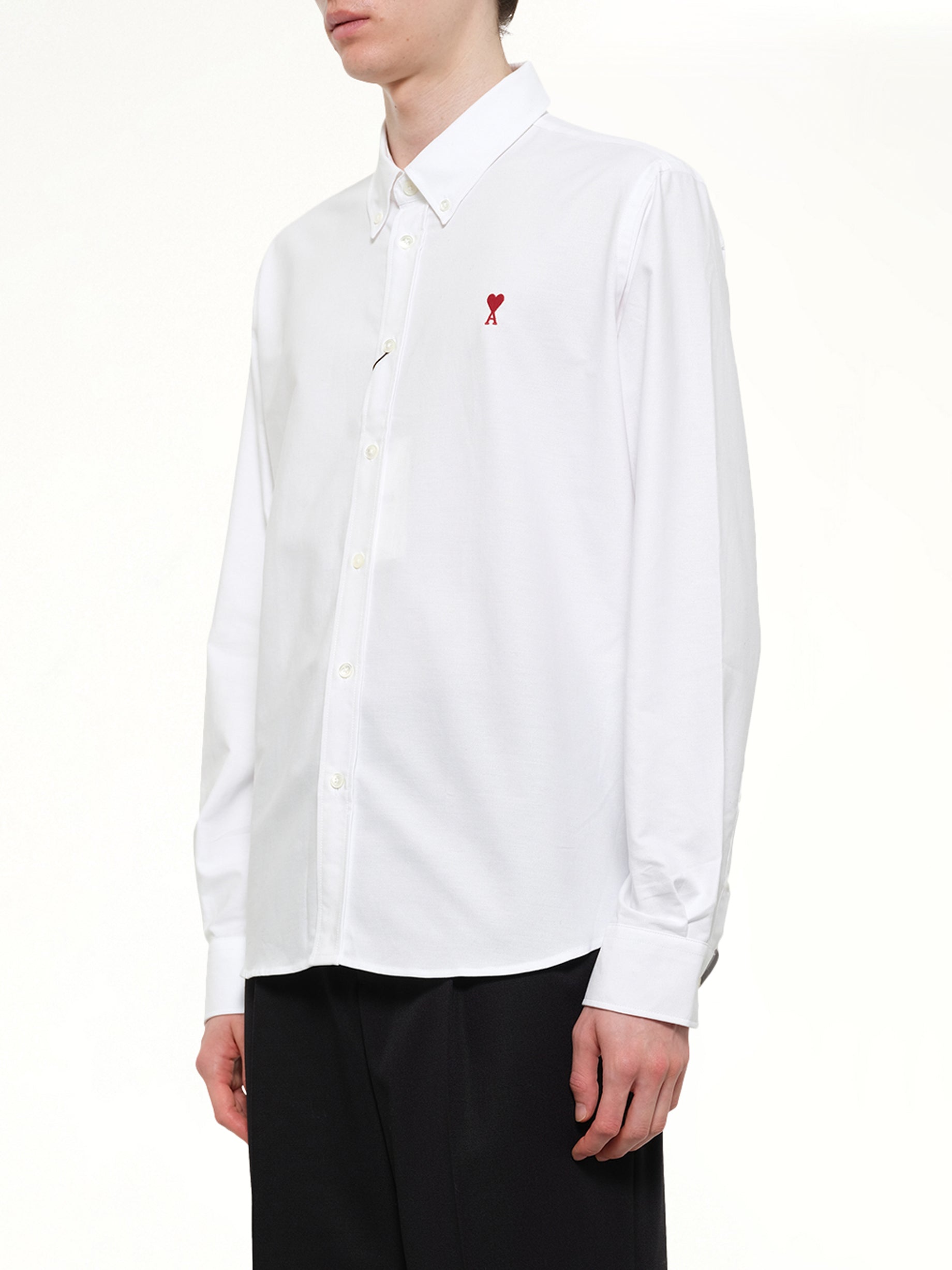 AMI PARIS Embroidered ADC Long Sleeve Shirt in White Side View from MARAIS
