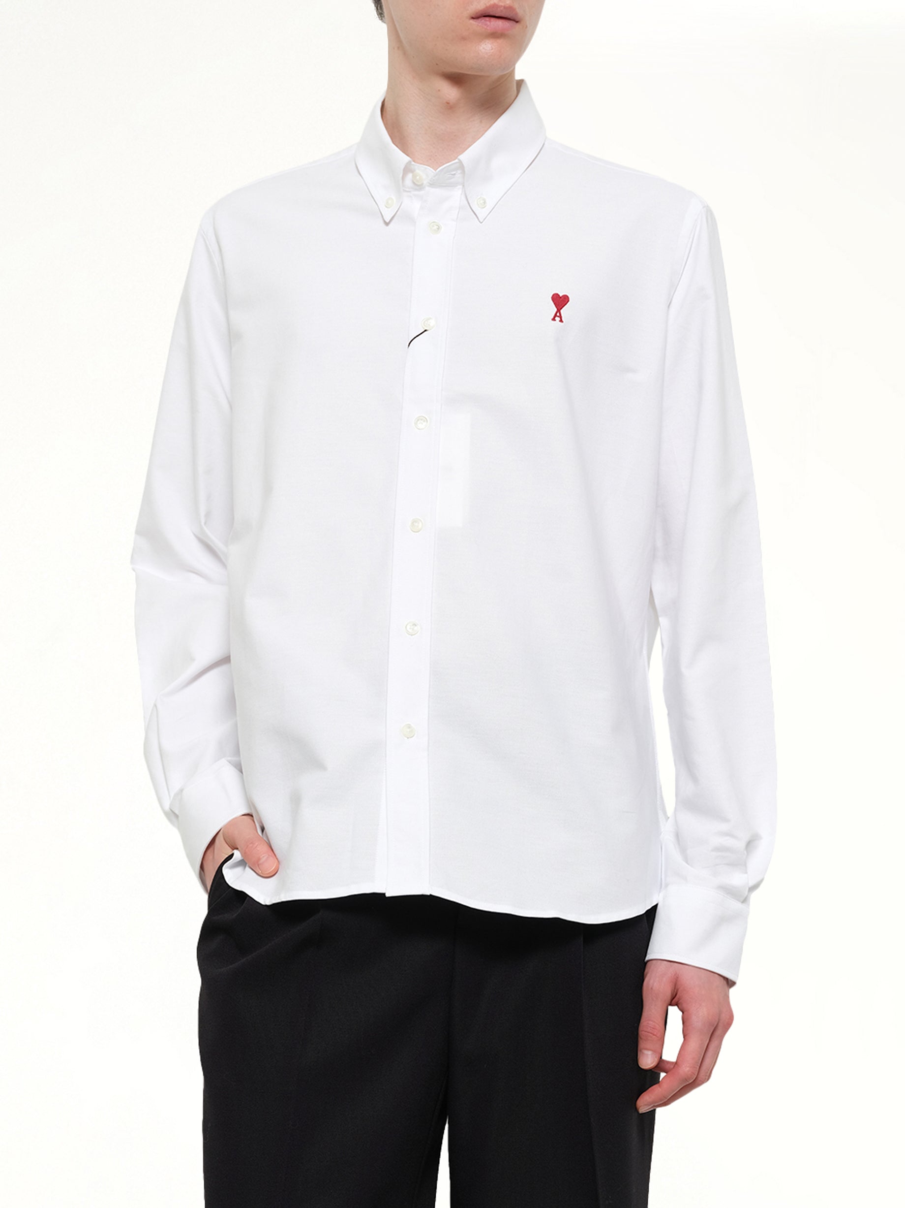 AMI PARIS Embroidered ADC Long Sleeve Shirt in White Detail Shot from MARAIS