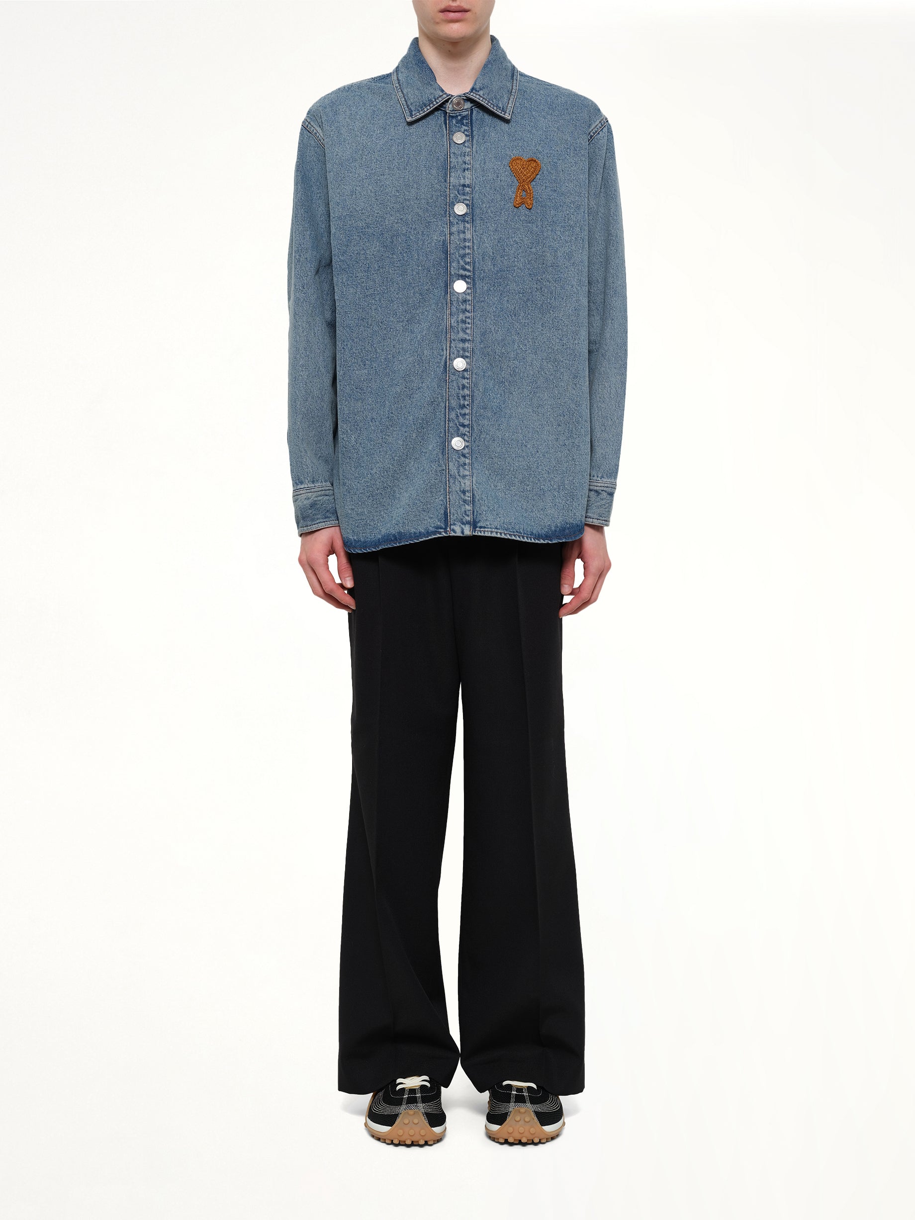 AMI PARIS Knitted ADC Denim Shirt in Blue Model View from MARAIS