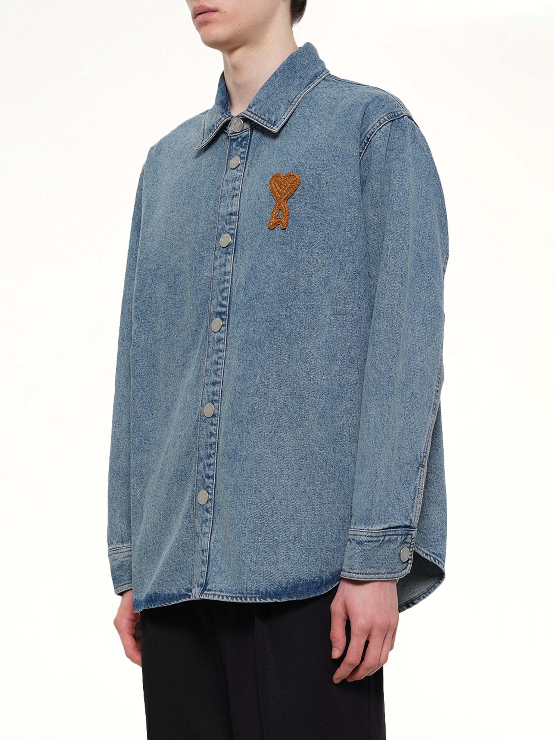 AMI PARIS Knitted ADC Denim Shirt in Blue Side View from MARAIS