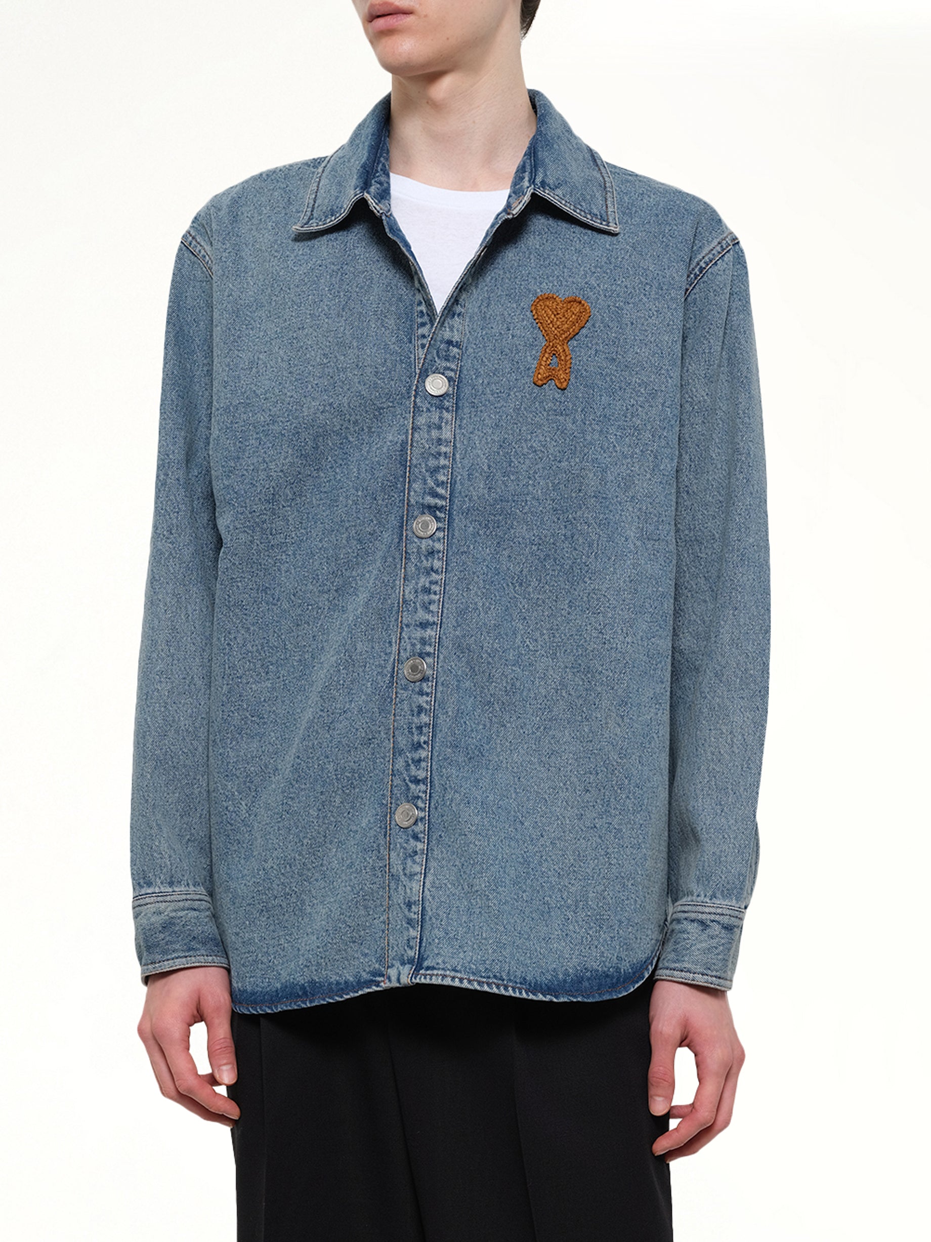 AMI PARIS Knitted ADC Denim Shirt in Blue Detail Shot from MARAIS