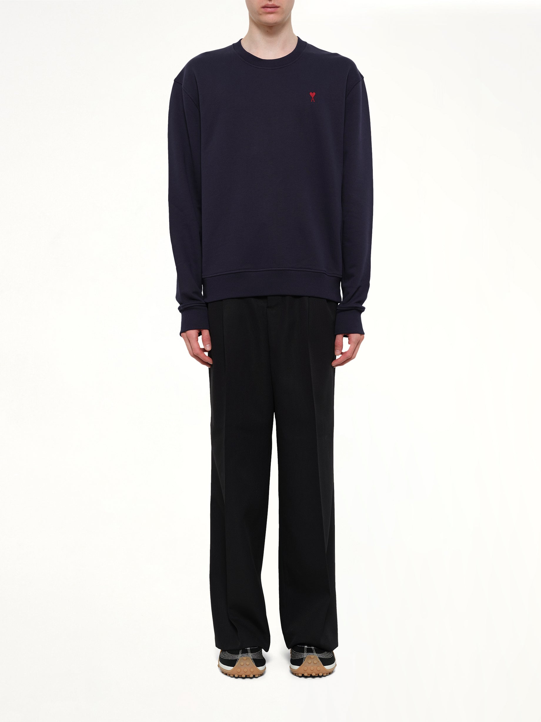 AMI PARIS Red Ami De Coeur Sweatshirt in Navy Model View from MARAIS