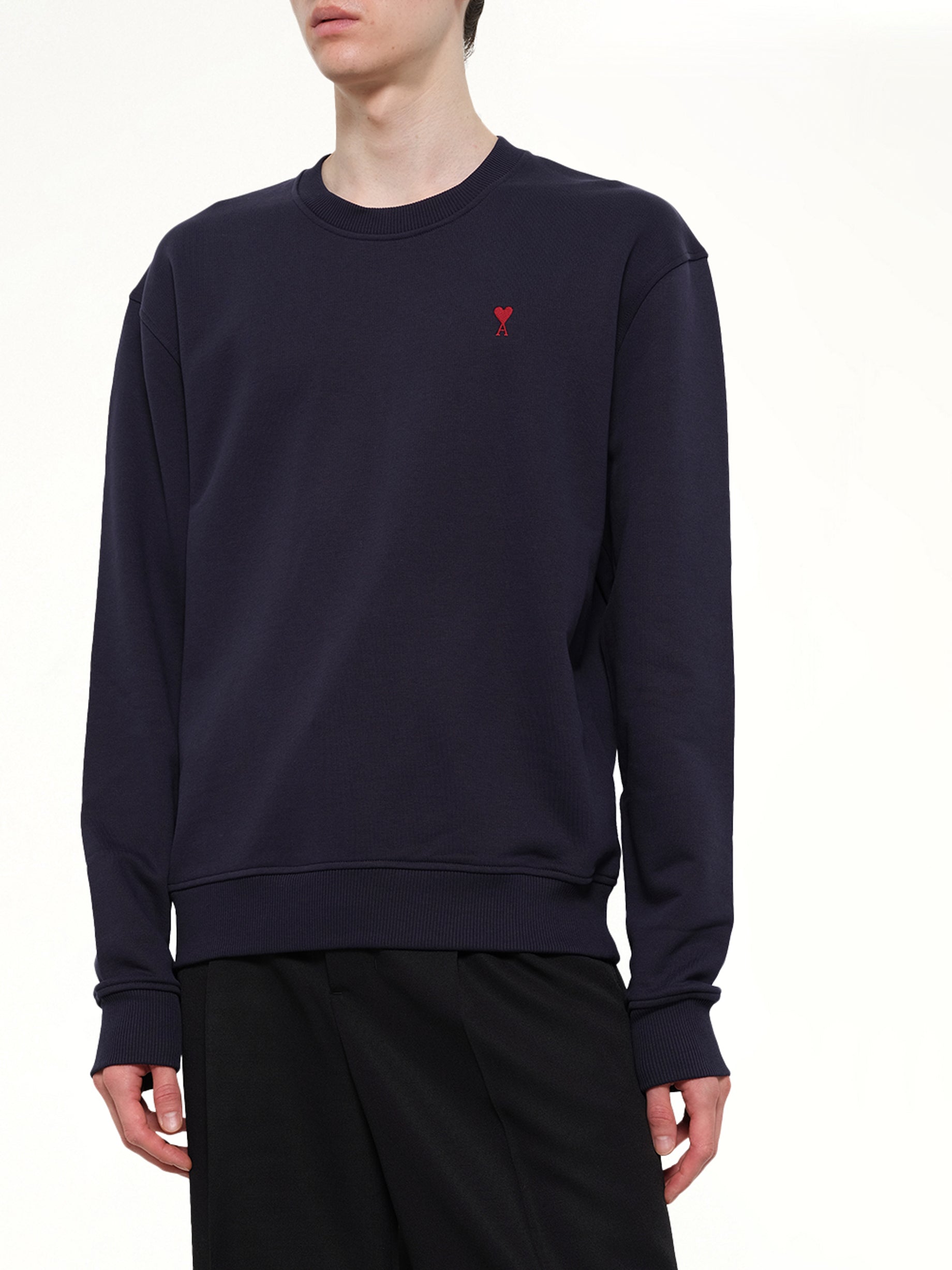 AMI PARIS Red Ami De Coeur Sweatshirt in Navy Detail Shot from MARAIS