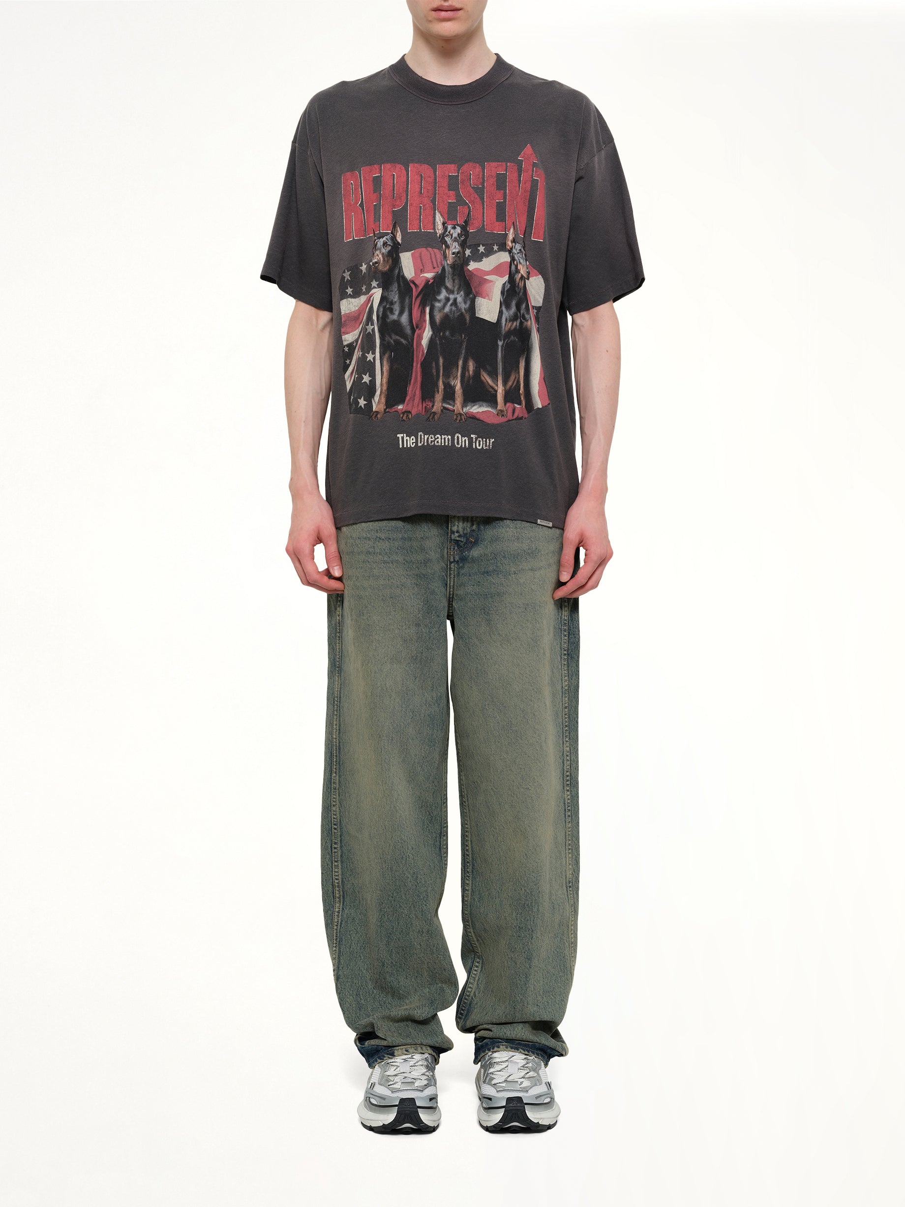 REPRESENT , Dream On Tour T-Shirt in Sun Fade Grey Model View from MARAIS