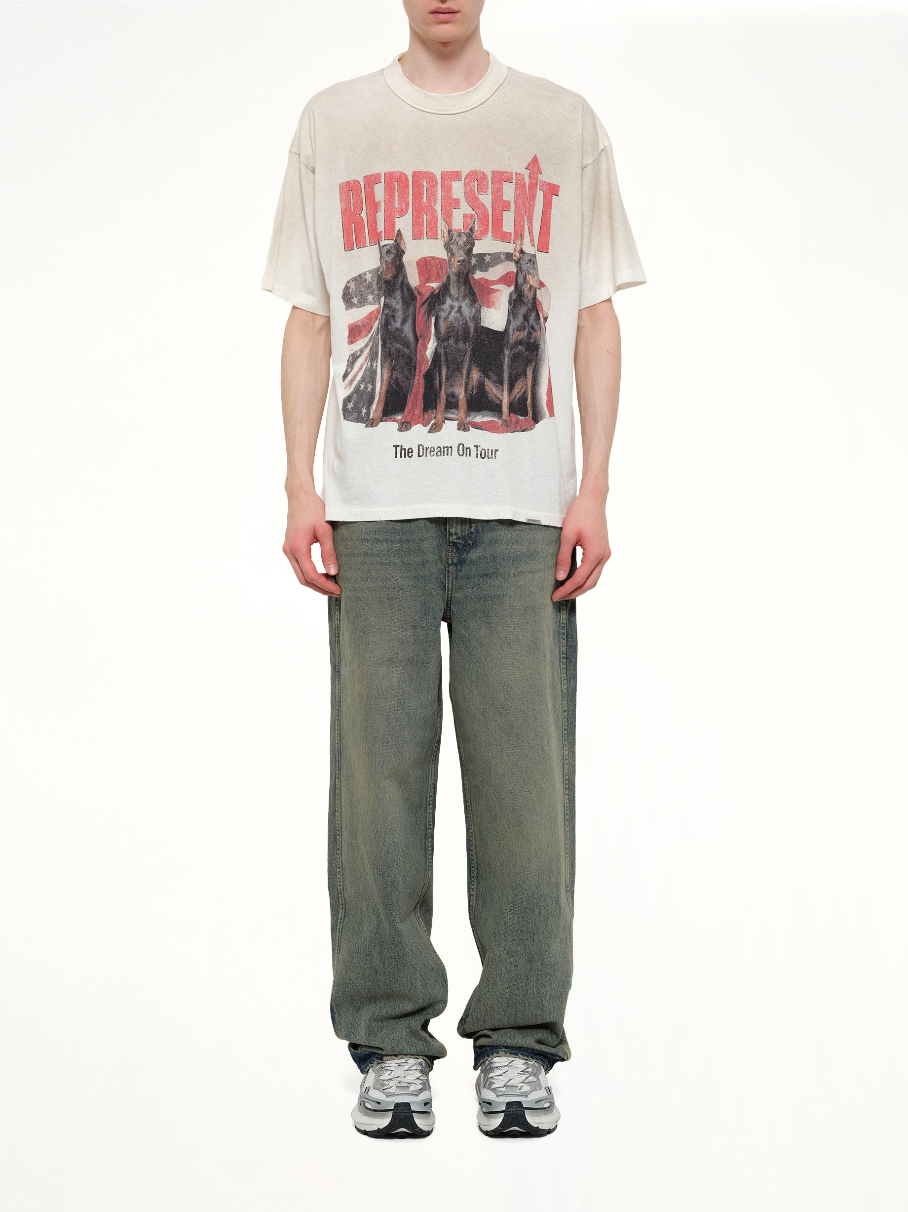 REPRESENT , Dream On Tour T-Shirt in Washed Ecru Model View from MARAIS