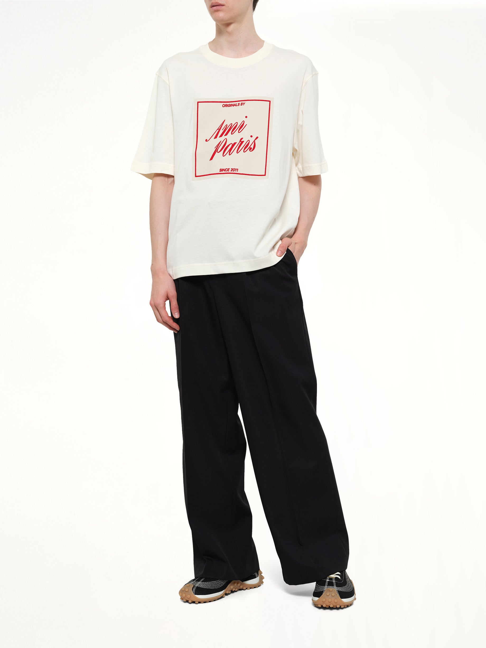 AMI PARIS Signature Print Boxy Fit T-Shirt in White Full Reference from MARAIS