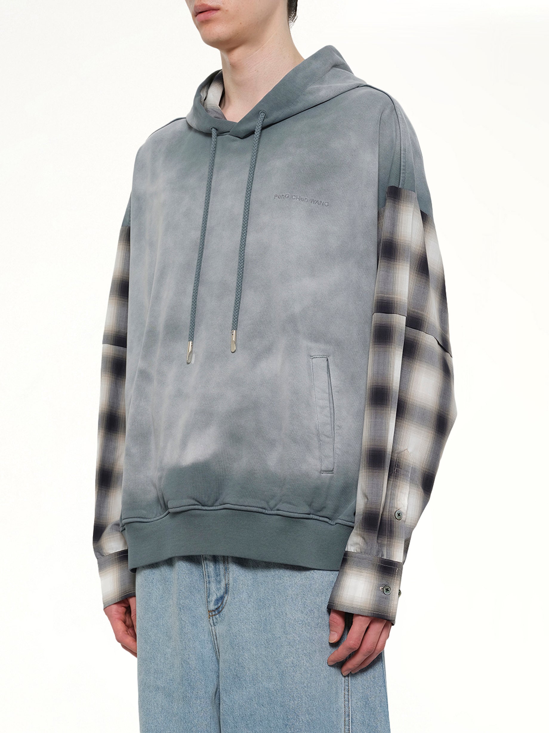 FENG CHEN WANG , 2 in 1 Check Hoodie in Grey Side View from MARAIS