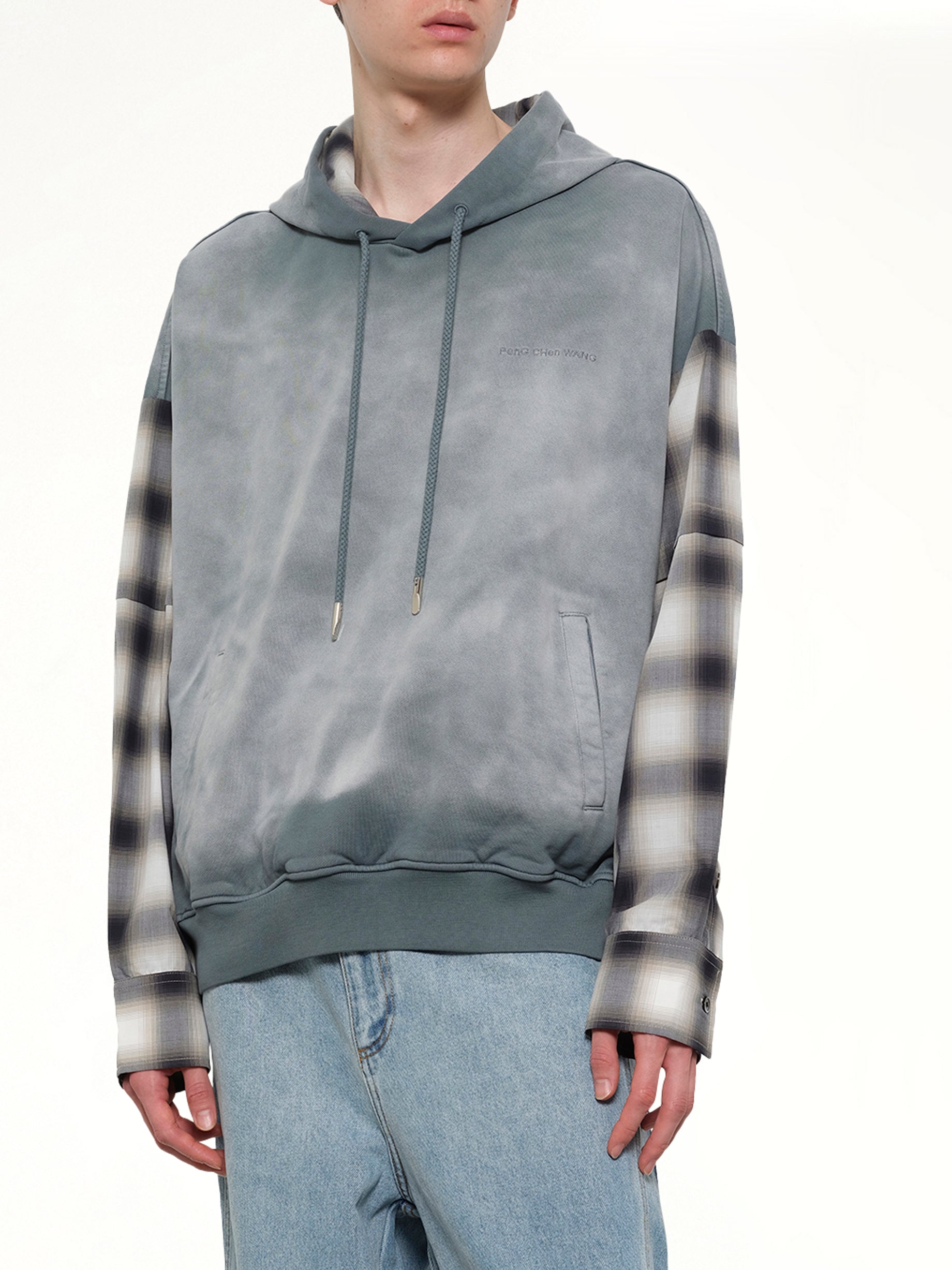 FENG CHEN WANG , 2 in 1 Check Hoodie in Grey Detail Shot from MARAIS