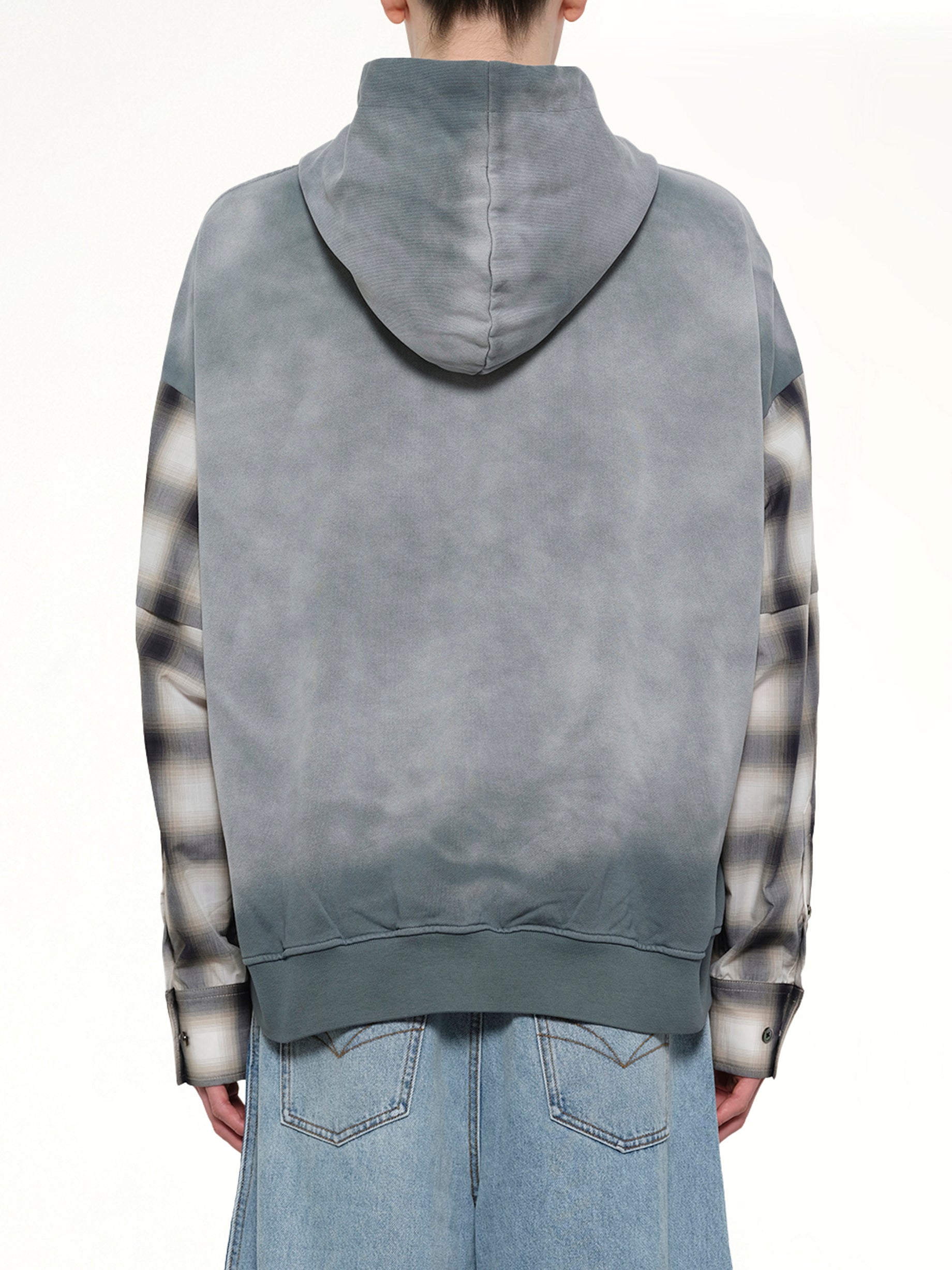 FENG CHEN WANG , 2 in 1 Check Hoodie in Grey Back View from MARAIS