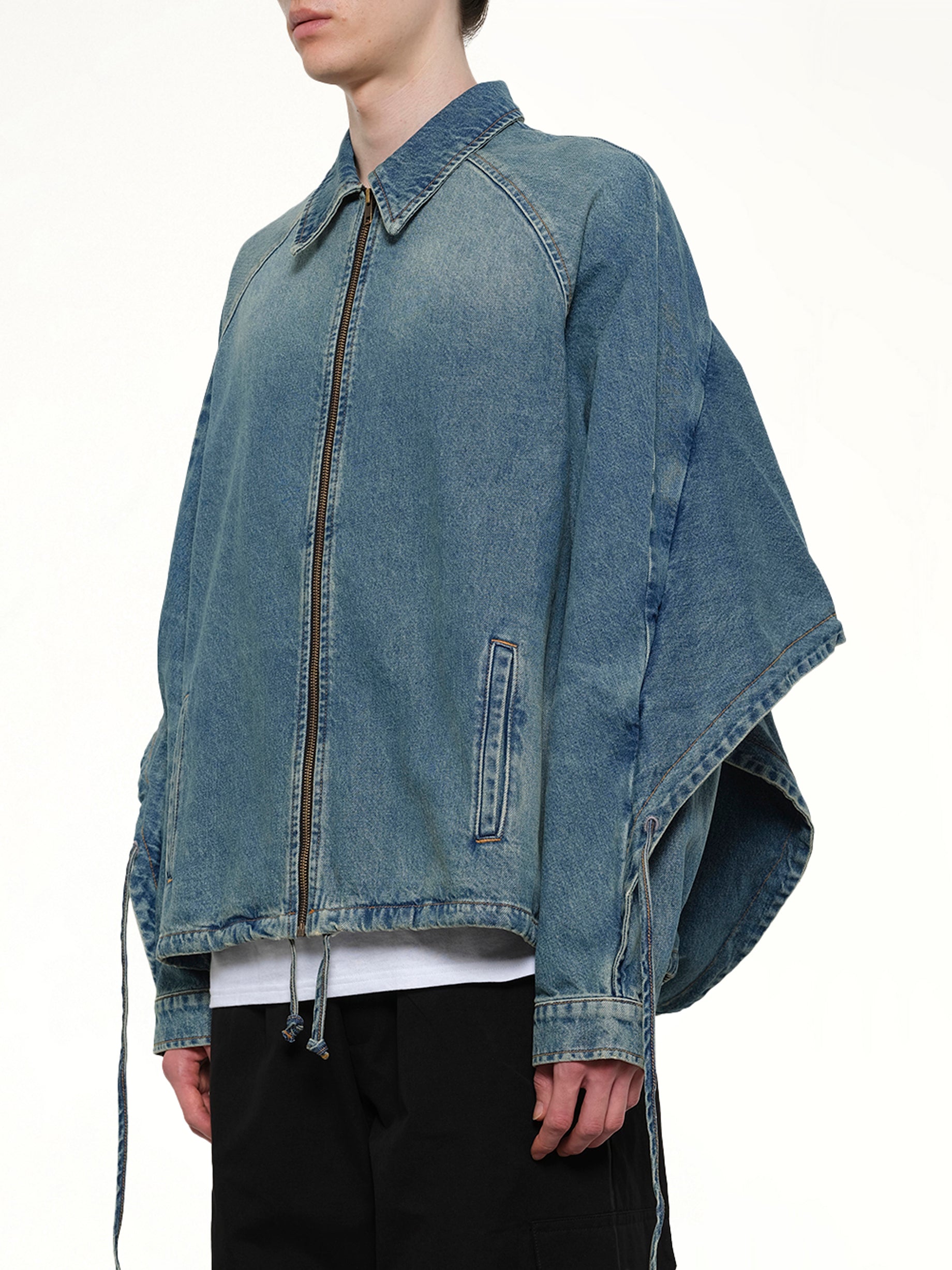EGONLAB , Convertible Hooded Denim Jacket in Blue Side View from MARAIS