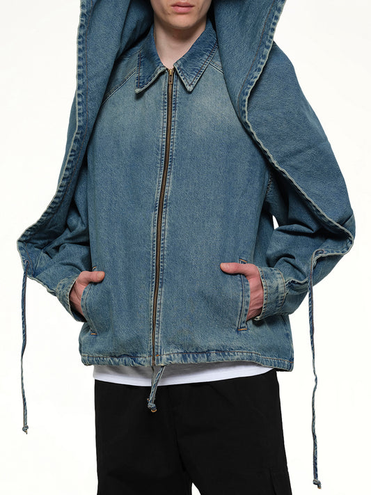Convertible Hooded Denim Jacket in Blue