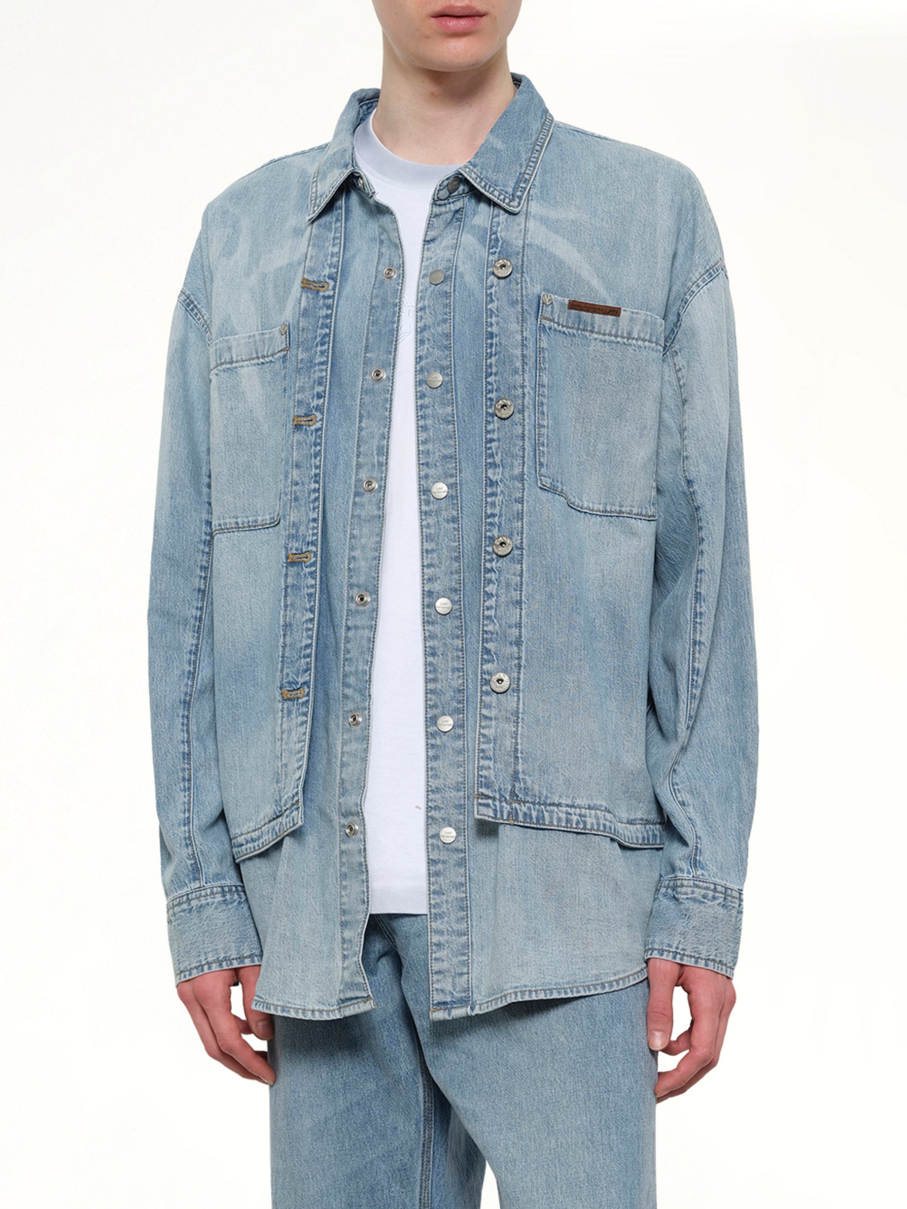 FENG CHEN WANG FCW x Lee Denim Shirt in Light Shade Detail Shot from MARAIS