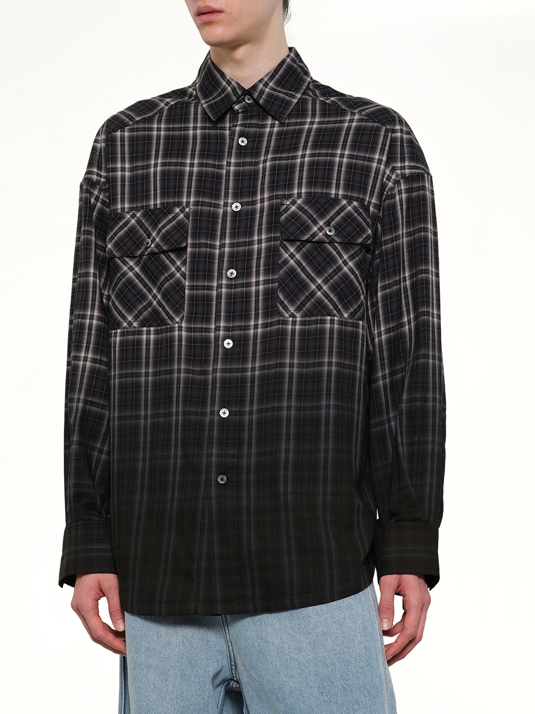FENG CHEN WANG Check Workwear Shirt in Black Detail Shot from MARAIS