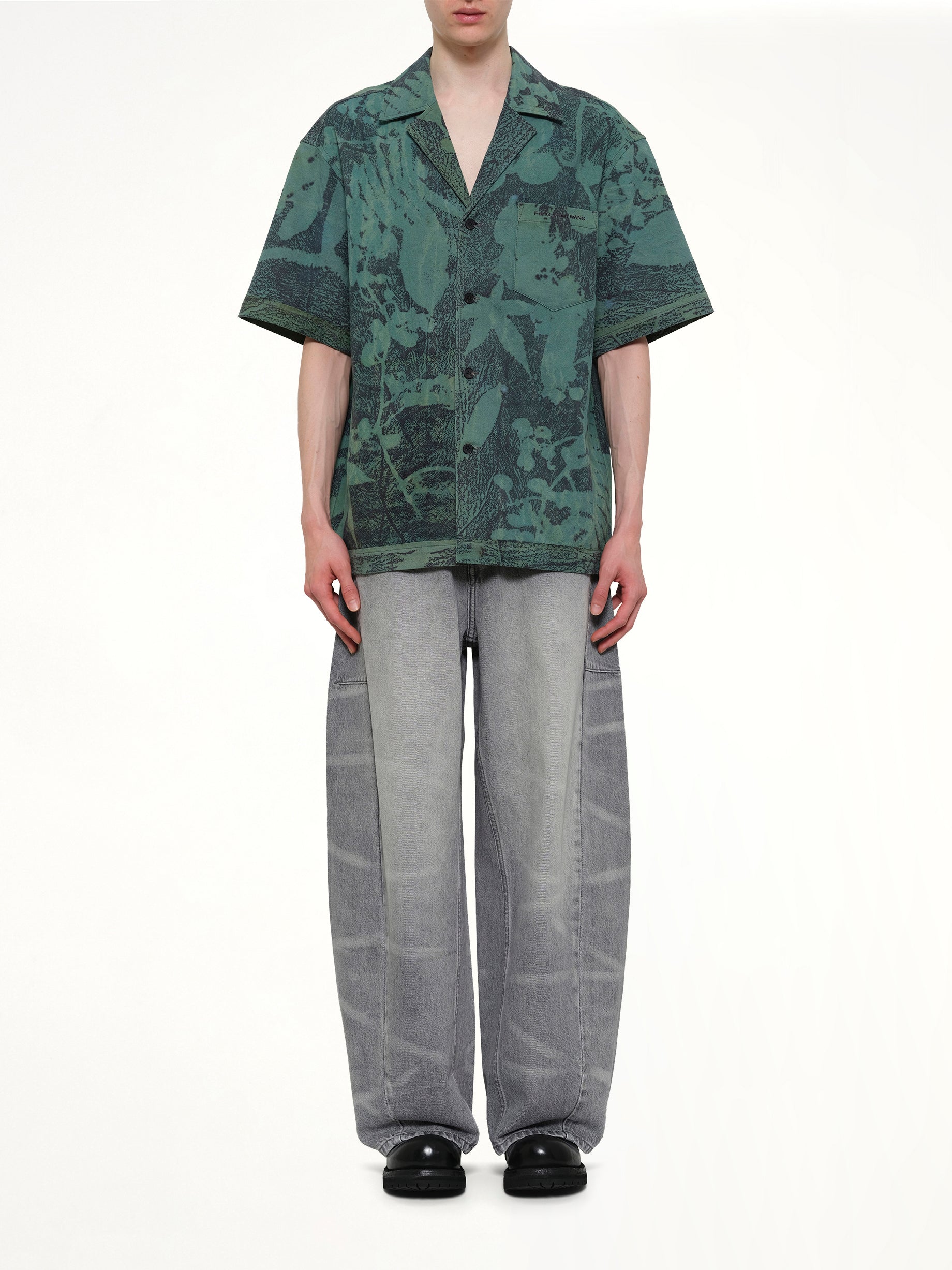 FENG CHEN WANG Plants Dye Shirt in Indigo Green Model View from MARAIS