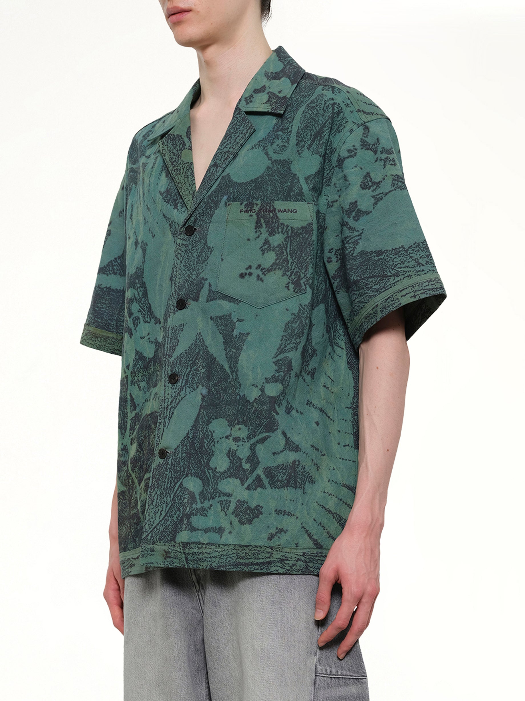 FENG CHEN WANG Plants Dye Shirt in Indigo Green Side View from MARAIS