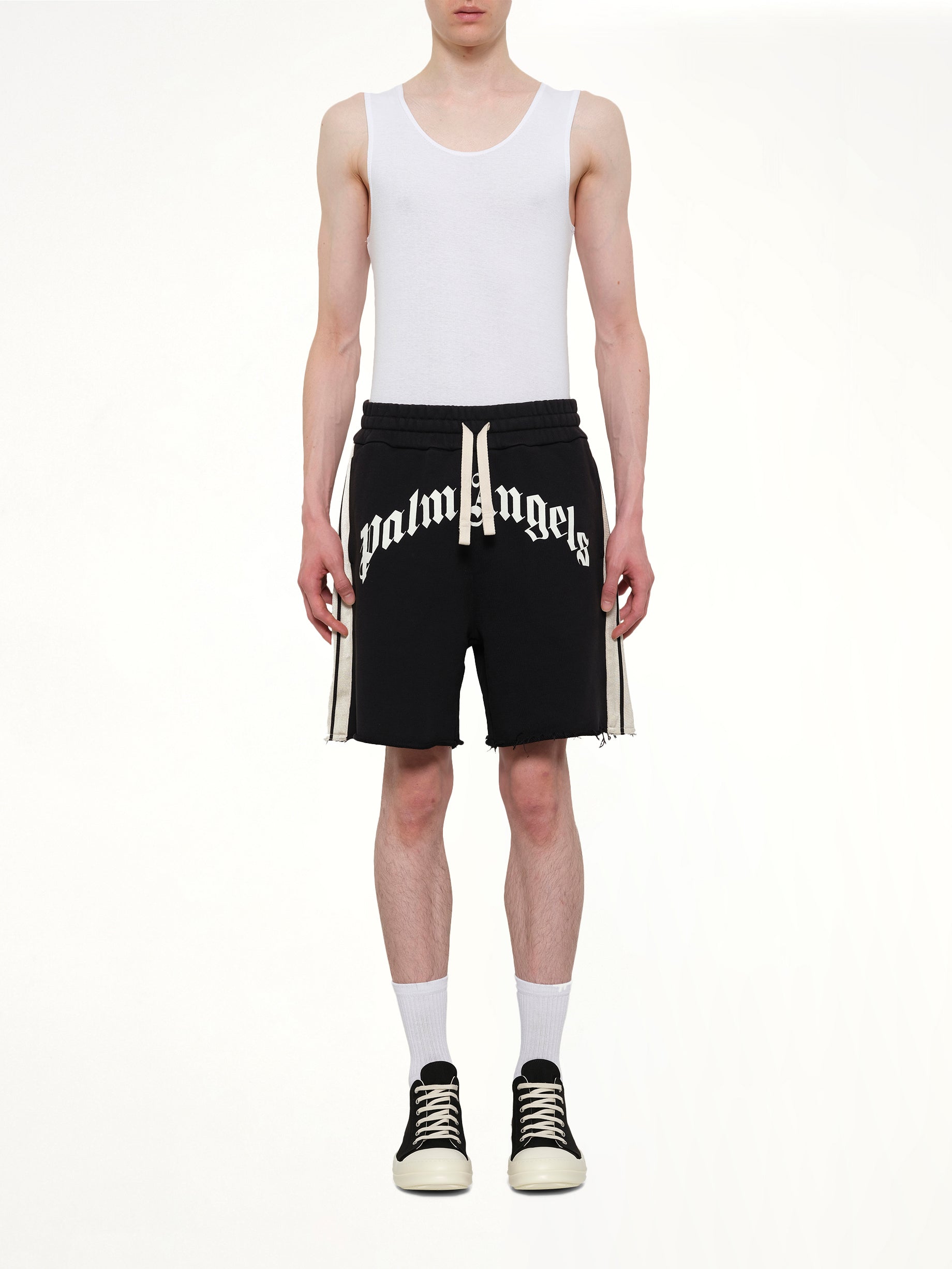 PALM ANGELS Curved Logo Track Sweatshorts in Black/Off White Model View from MARAIS