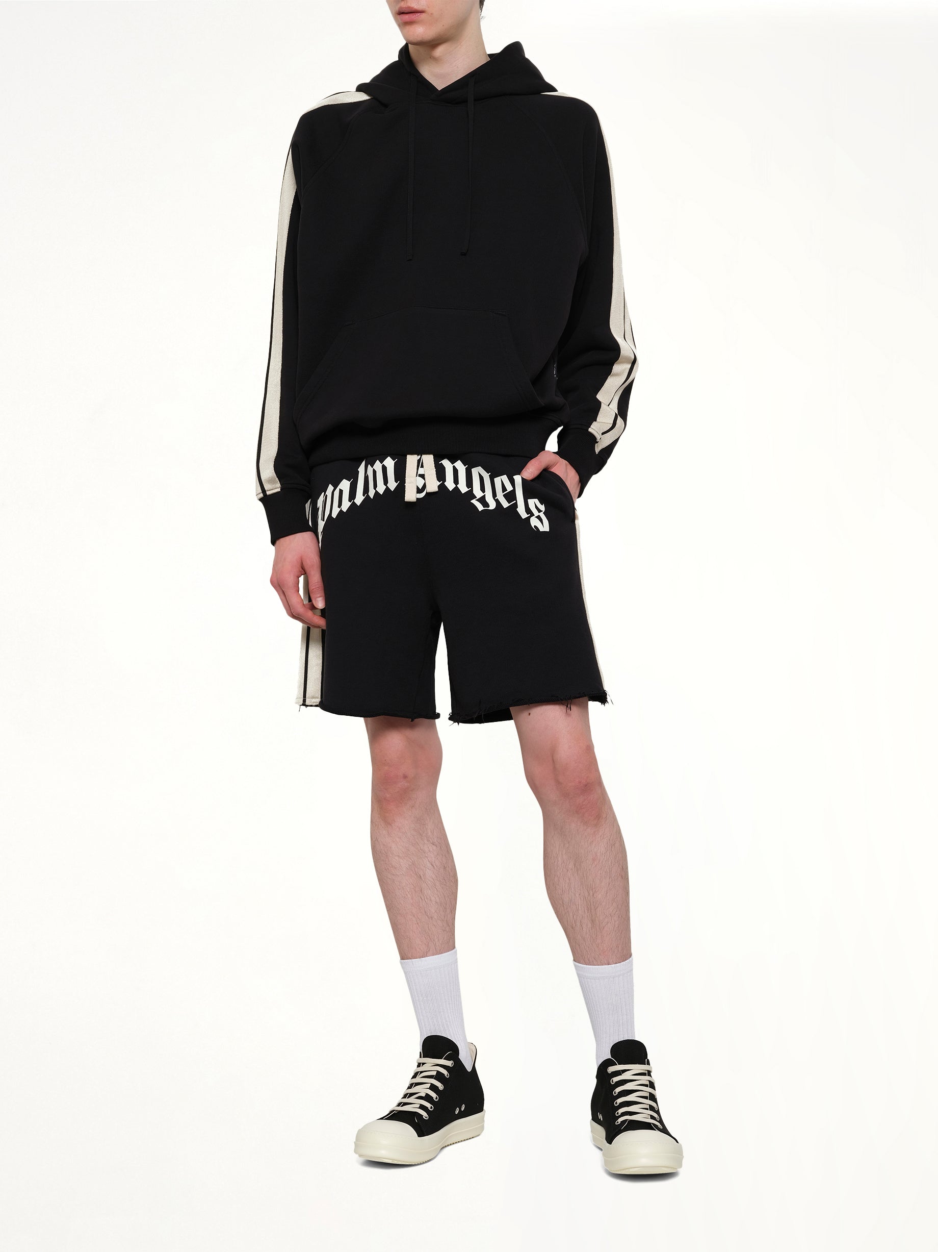 PALM ANGELS Curved Logo Track Sweatshorts in Black/Off White Full Reference from MARAIS