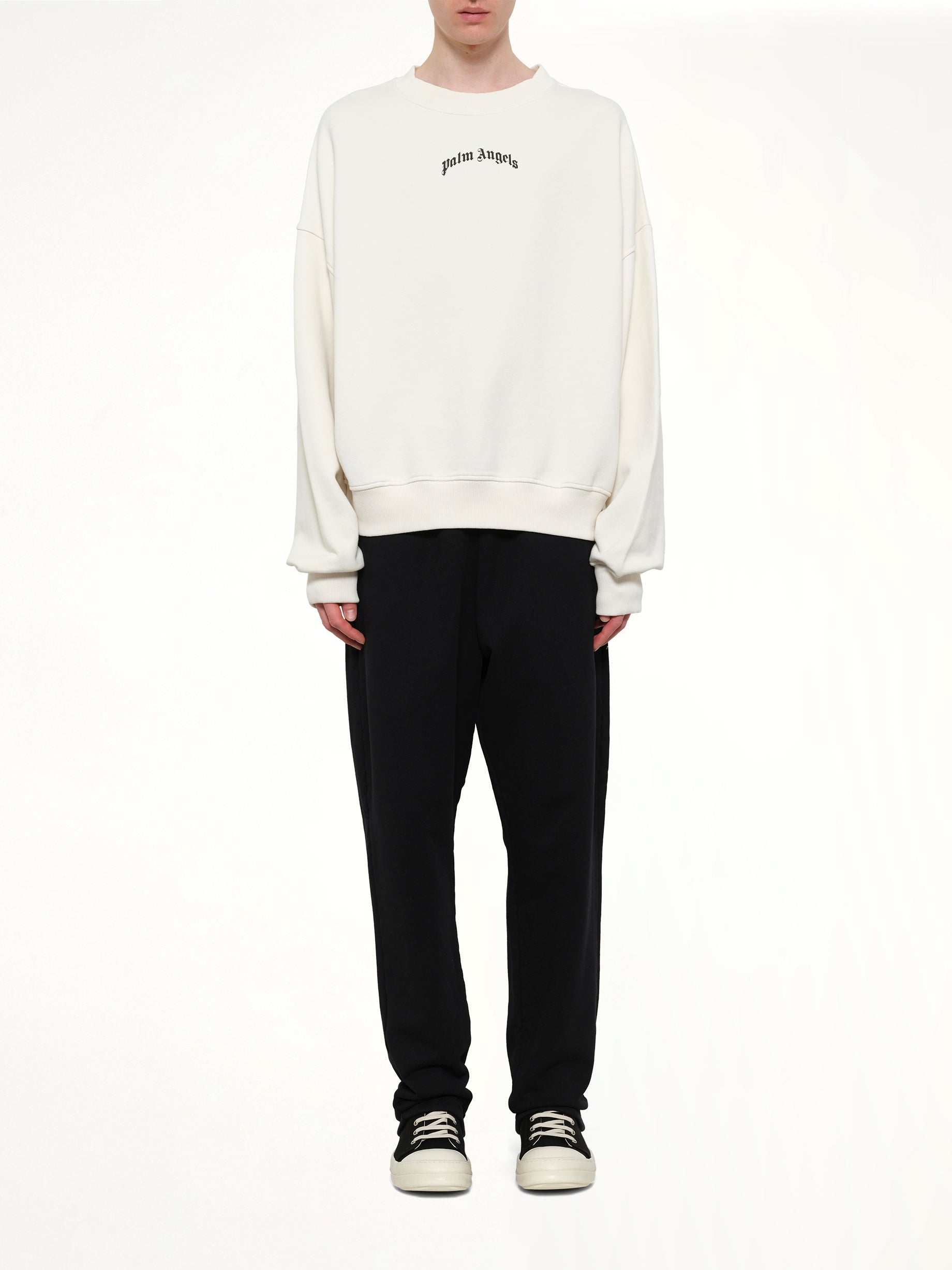 PALM ANGELS Back Curved Logo Loose Sweatshirt in Off White/Black Model View from MARAIS
