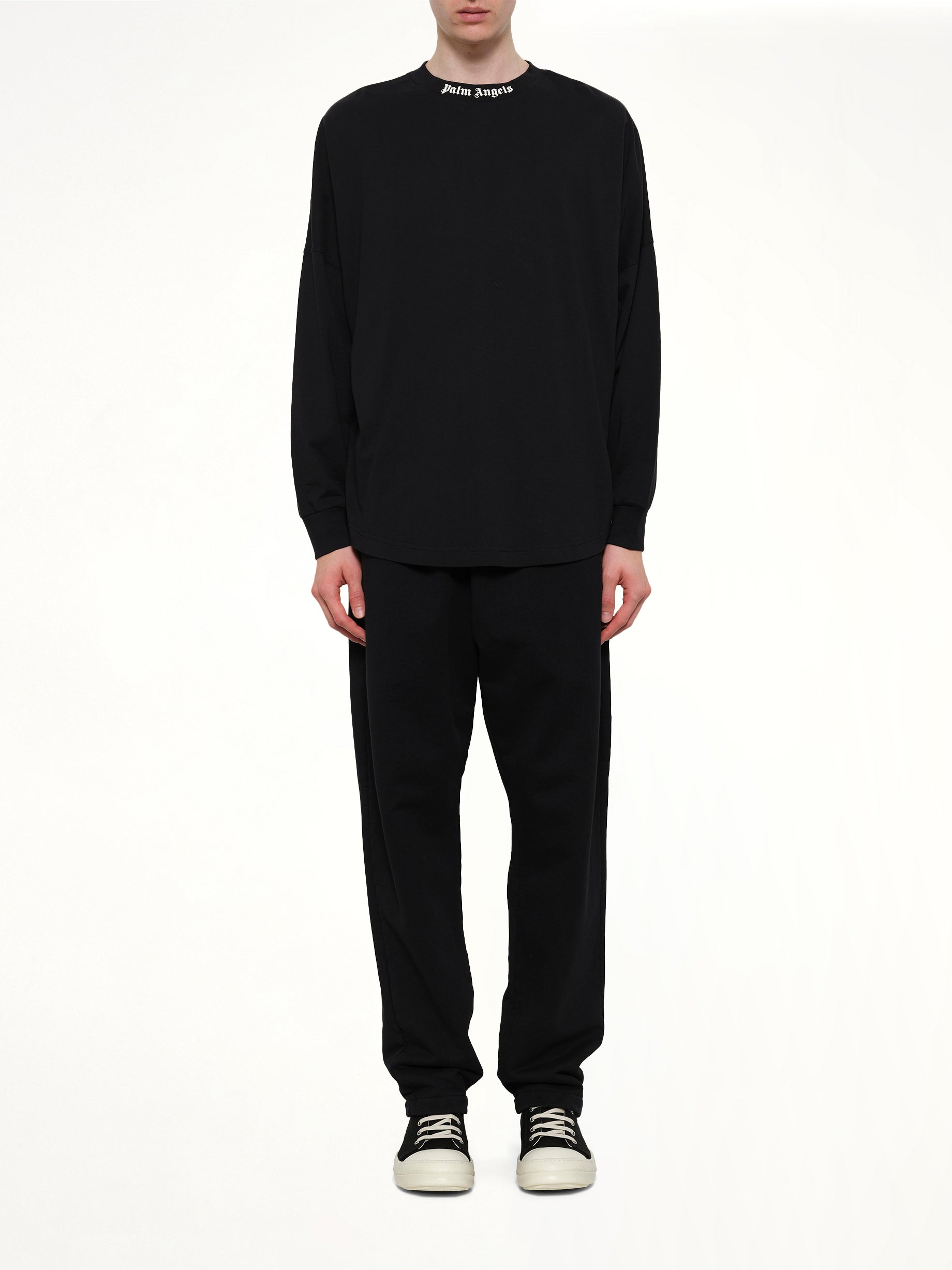 PALM ANGELS Classic Logo Over T-Shirt L/S in Black/Off White Model View from MARAIS