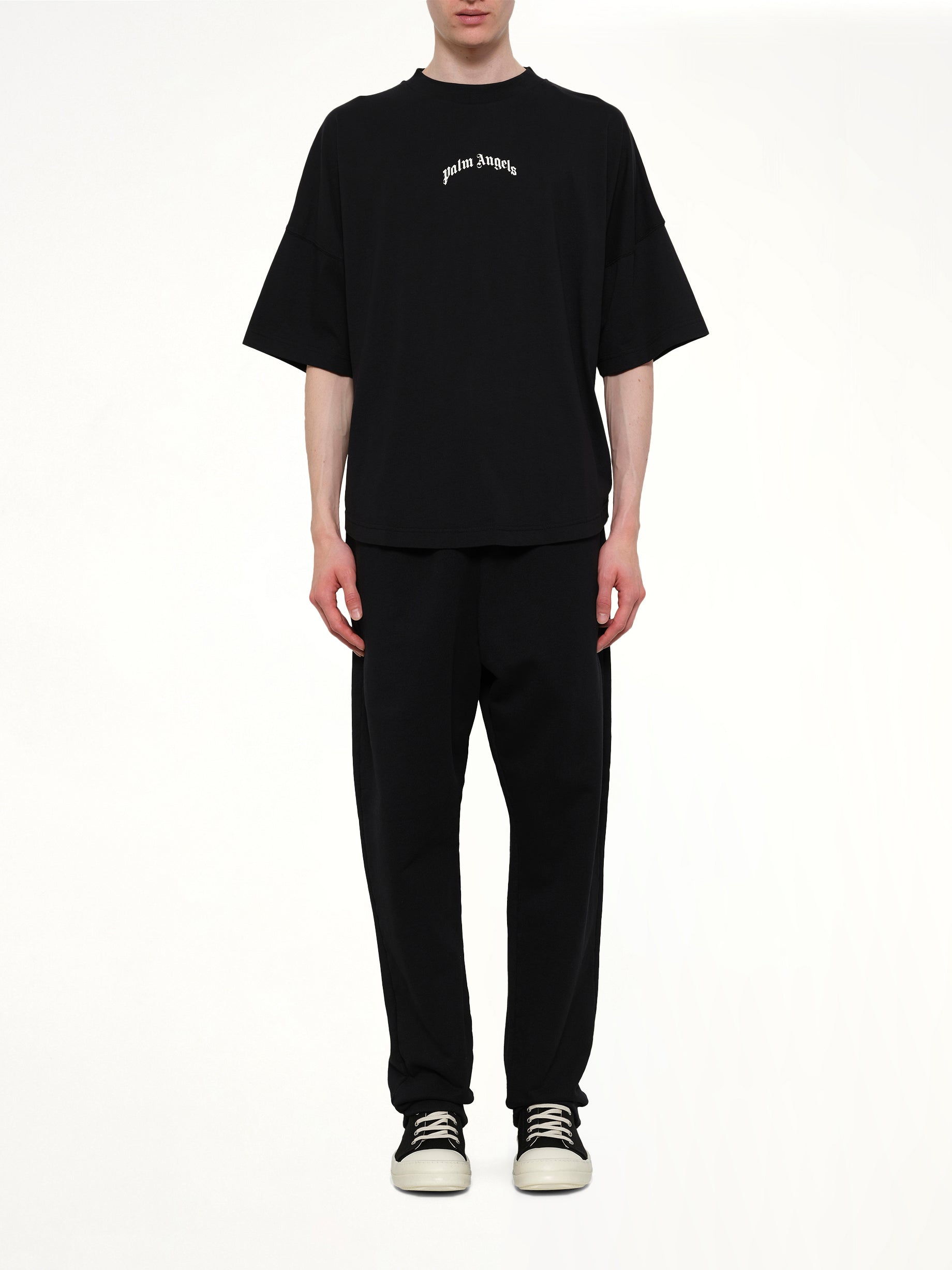 PALM ANGELS Classic Logo Over T-Shirt in Black/Off White Model View from MARAIS