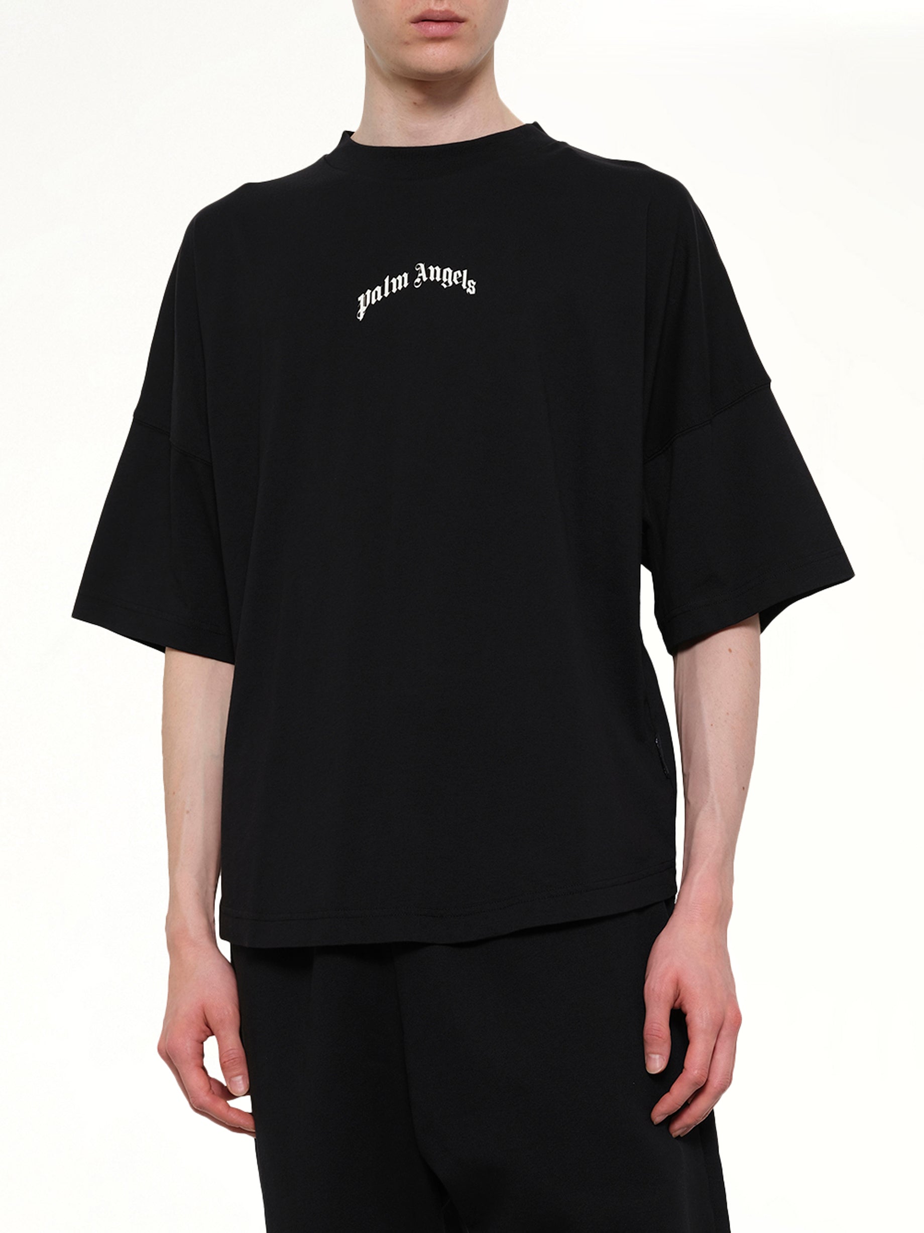 PALM ANGELS Classic Logo Over T-Shirt in Black/Off White Detail Shot from MARAIS