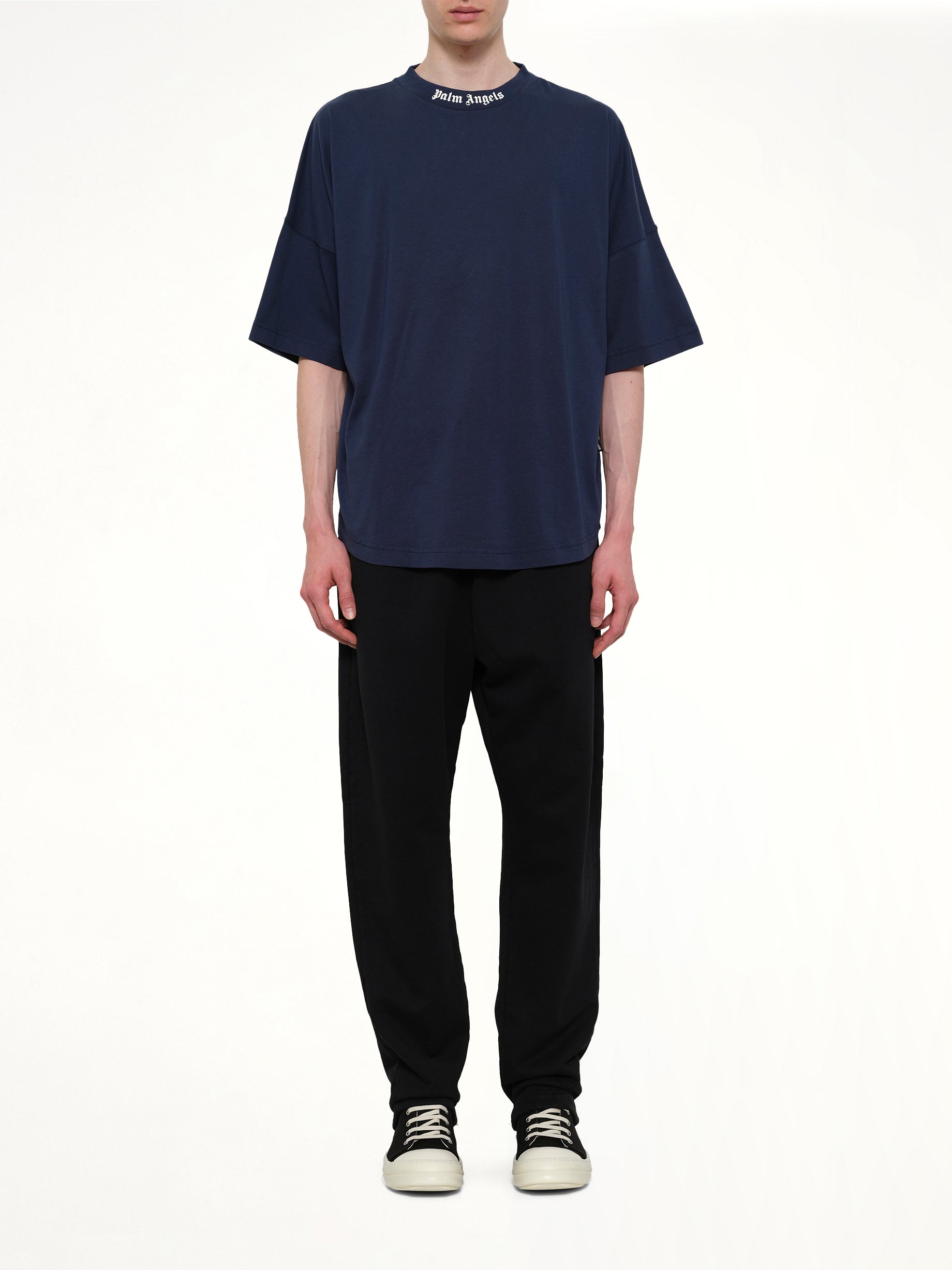 PALM ANGELS Classic Logo Over T-Shirt in Navy Blue Model View from MARAIS