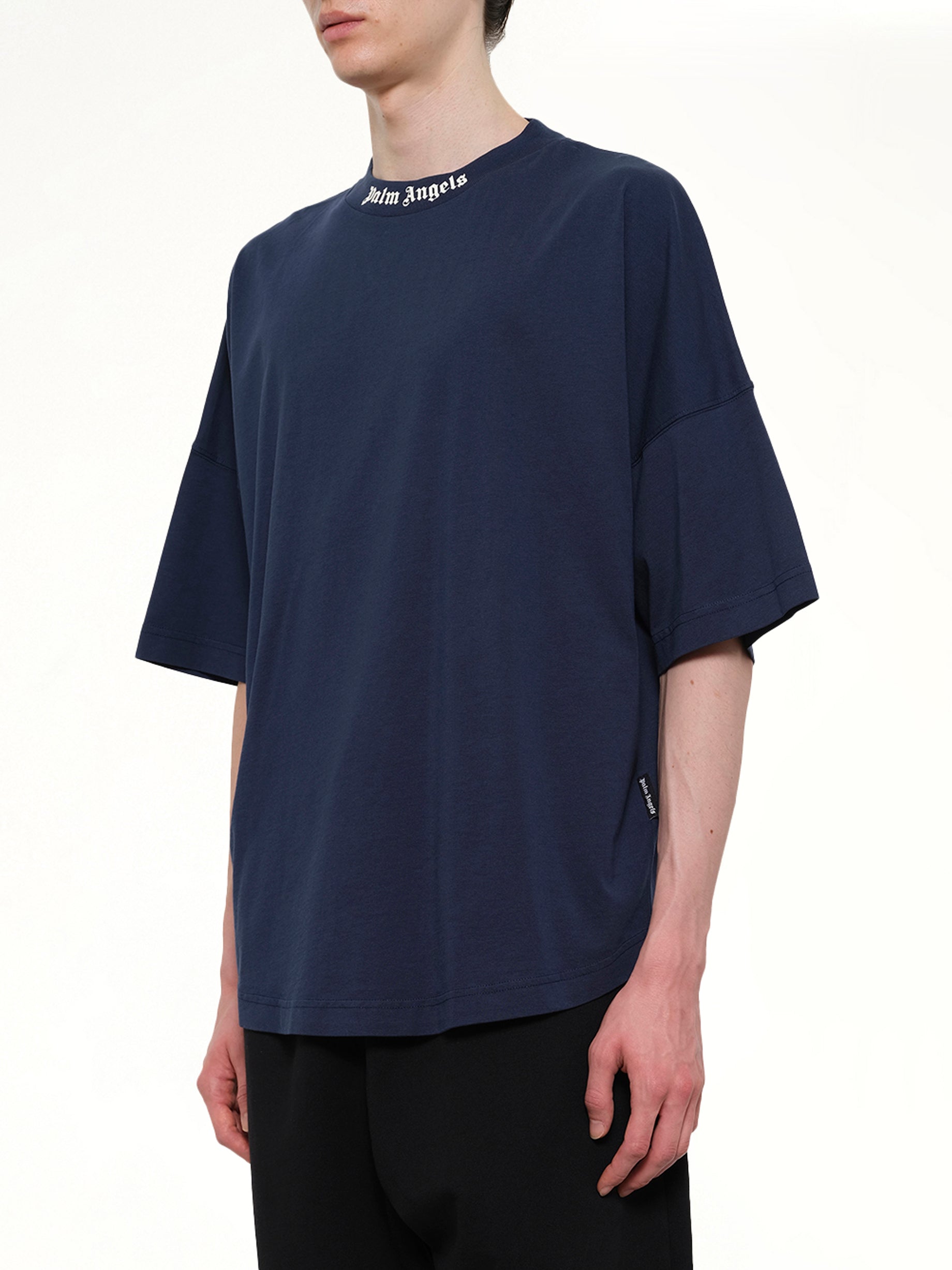 PALM ANGELS Classic Logo Over T-Shirt in Navy Blue Side View from MARAIS