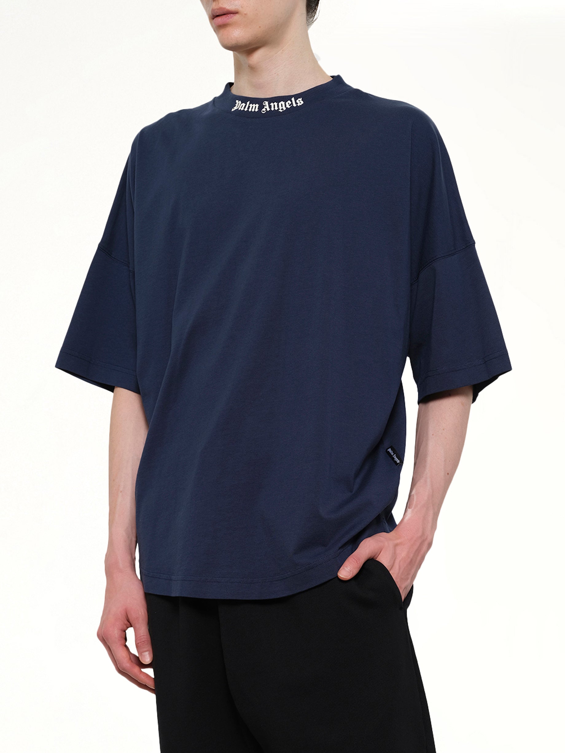 PALM ANGELS Classic Logo Over T-Shirt in Navy Blue Detail Shot from MARAIS