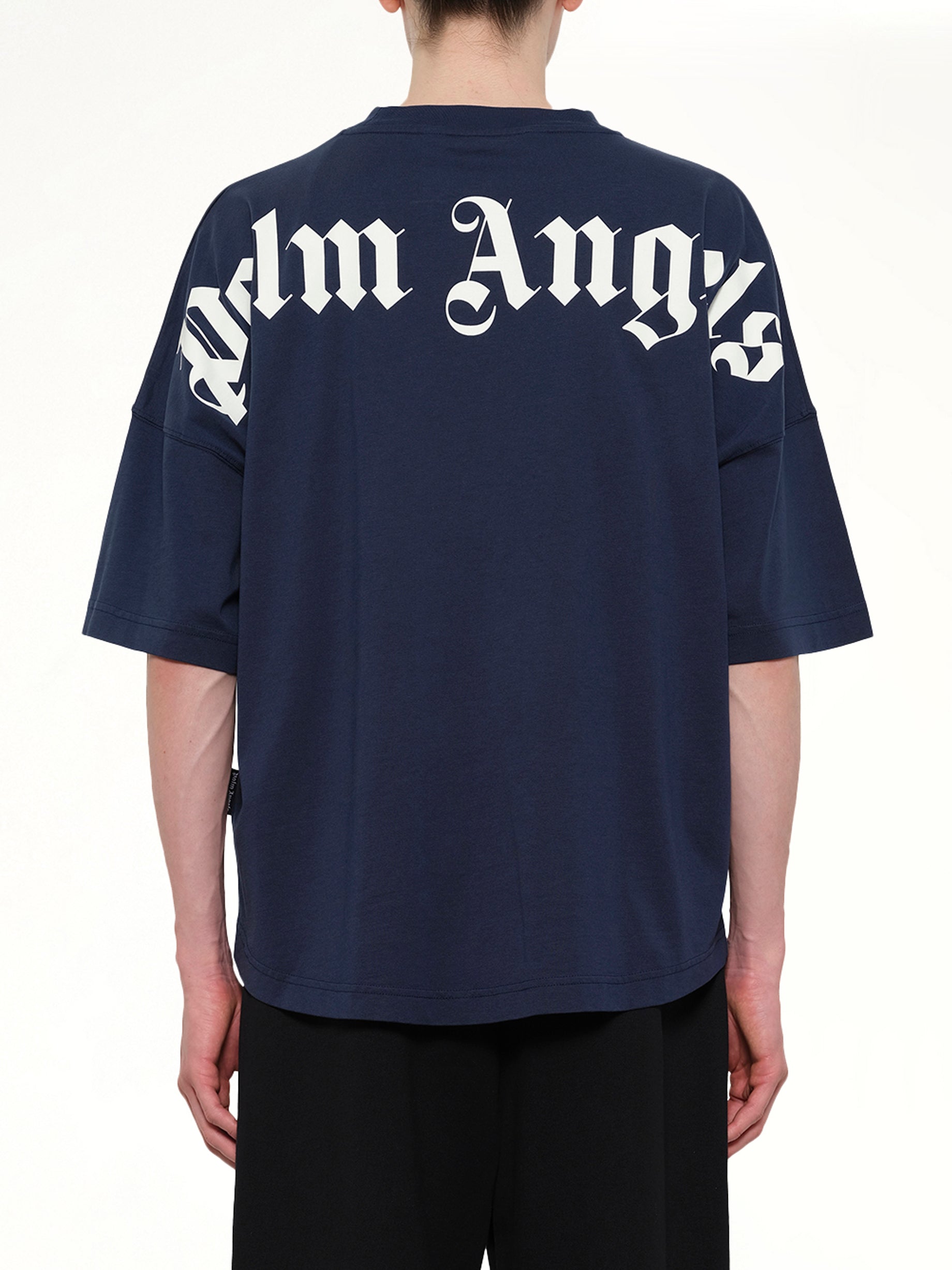 PALM ANGELS Classic Logo Over T-Shirt in Navy Blue Back View from MARAIS