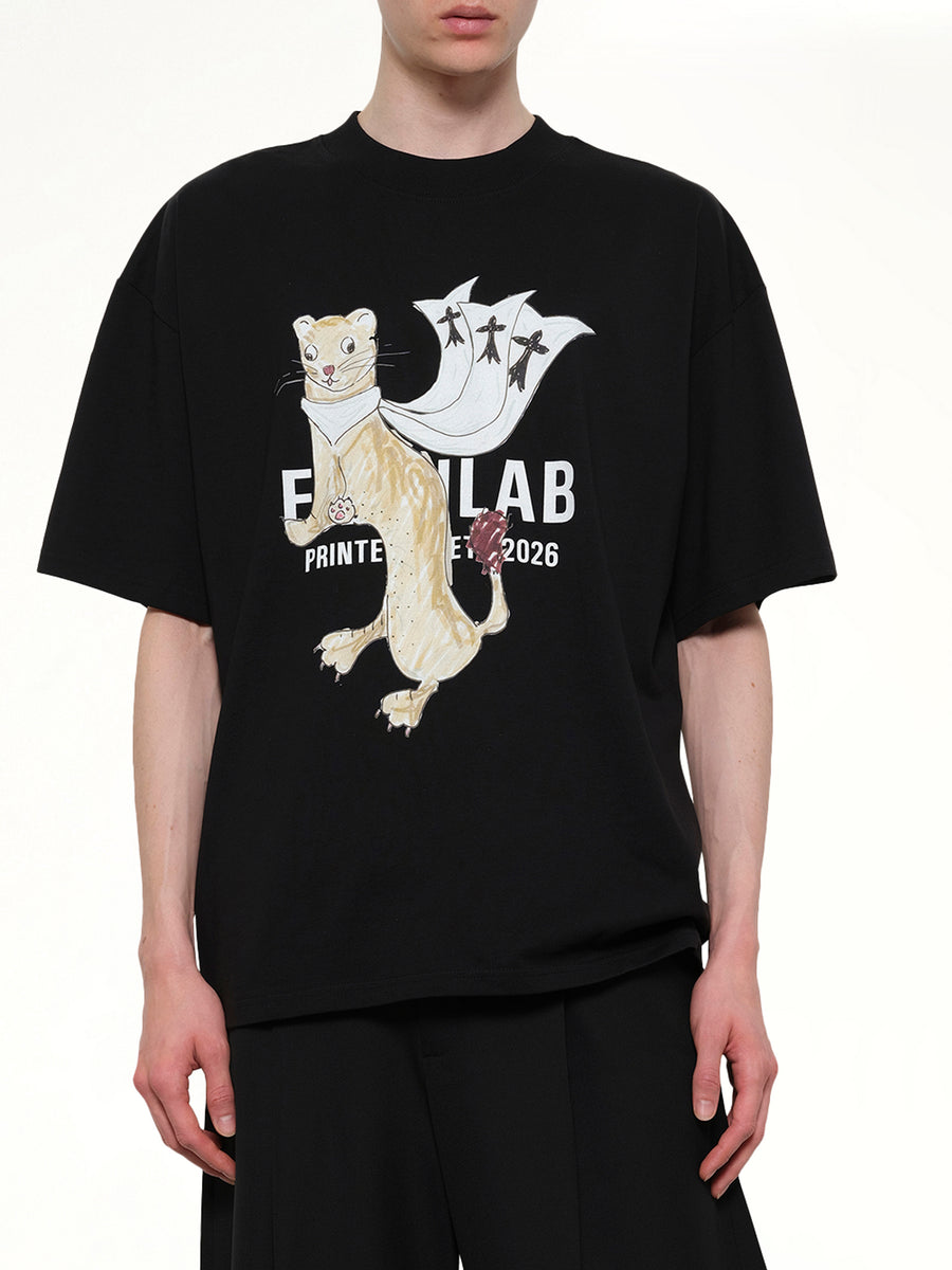 Hermine Print Cotton T-Shirt in Black