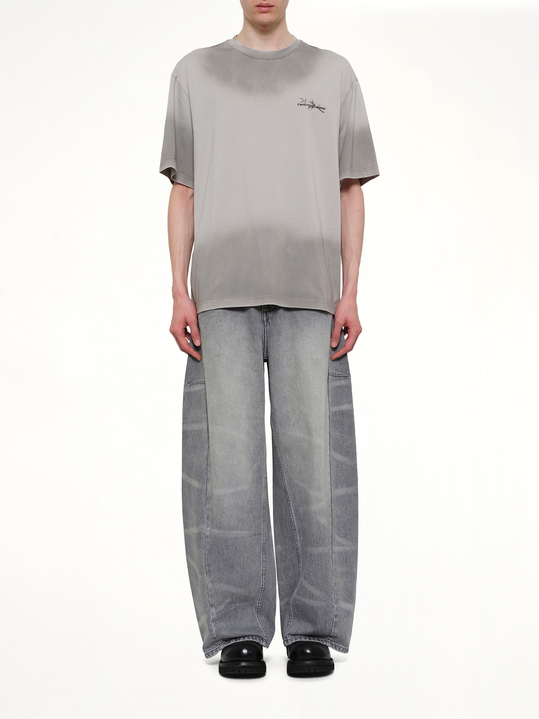 FENG CHEN WANG Spray Painted Logo T-Shirt in Grey Model View from MARAIS