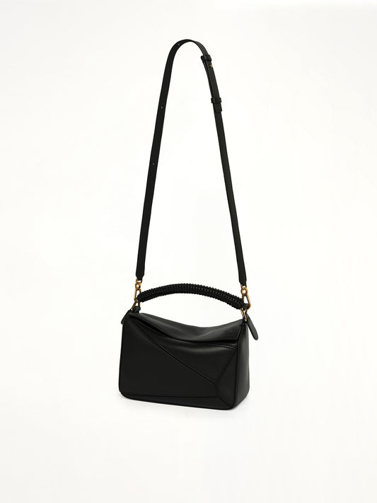 Puzzle Woven Handle Small Bag in Black
