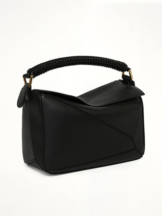 Puzzle Woven Handle Small Bag in Black
