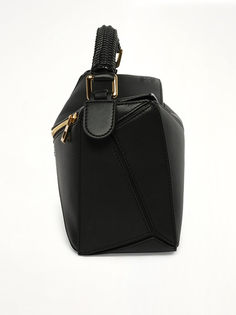 Puzzle Woven Handle Small Bag in Black