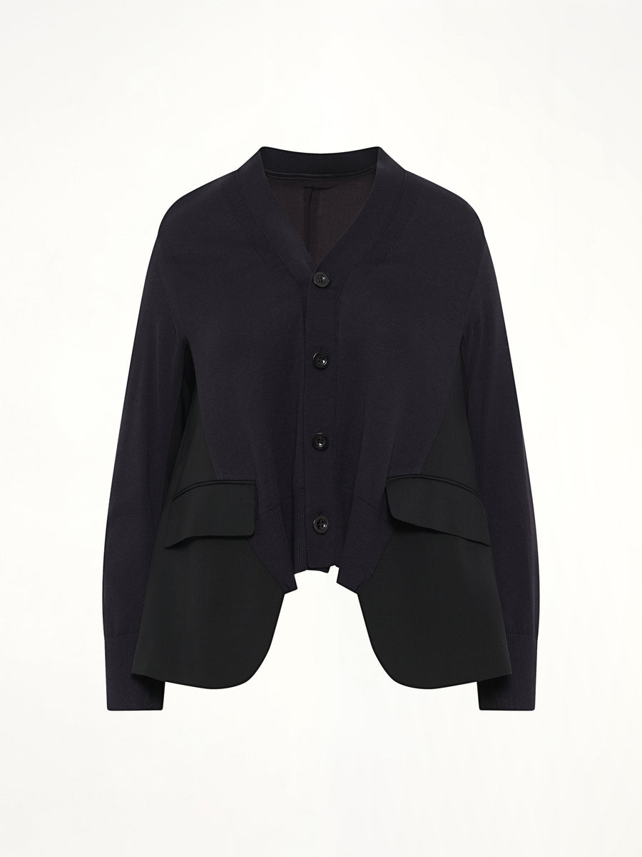 Wool Suiting x Cotton Knit Cardigan in Black