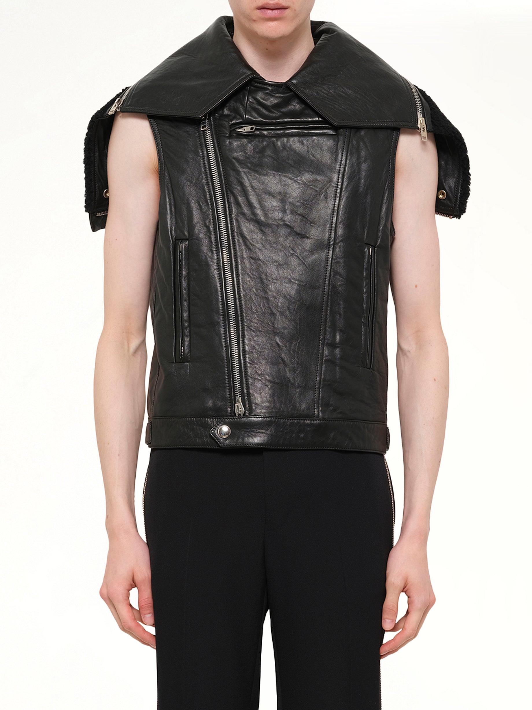 GIVENCHY Podium Short Sleeve Leather Jacket in Black Front View from MARAIS