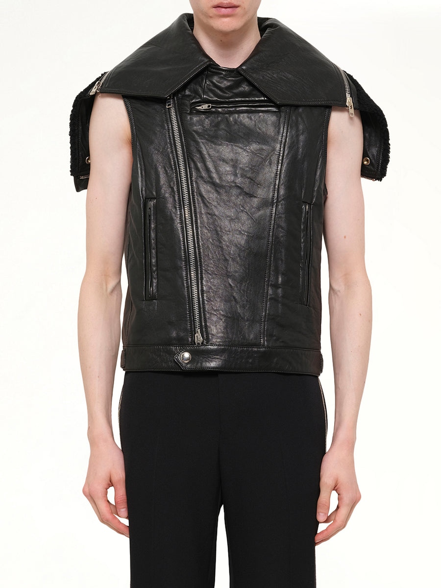Podium Short Sleeve Leather Jacket in Black