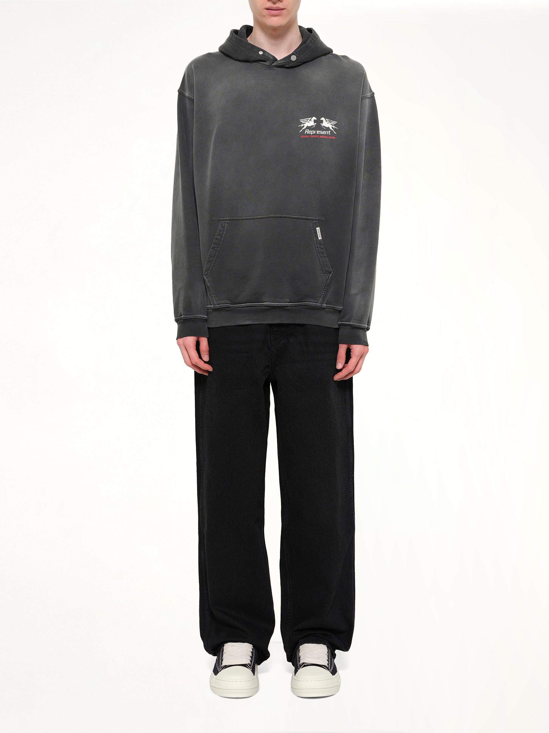 REPRESENT 24 Hour Service Hoodie in Stained Black Model View from MARAIS