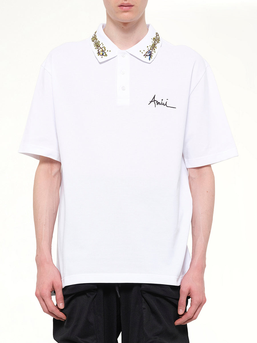 Amiri Floral Collar Polo in White