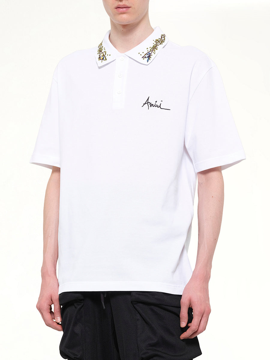 Amiri Floral Collar Polo in White
